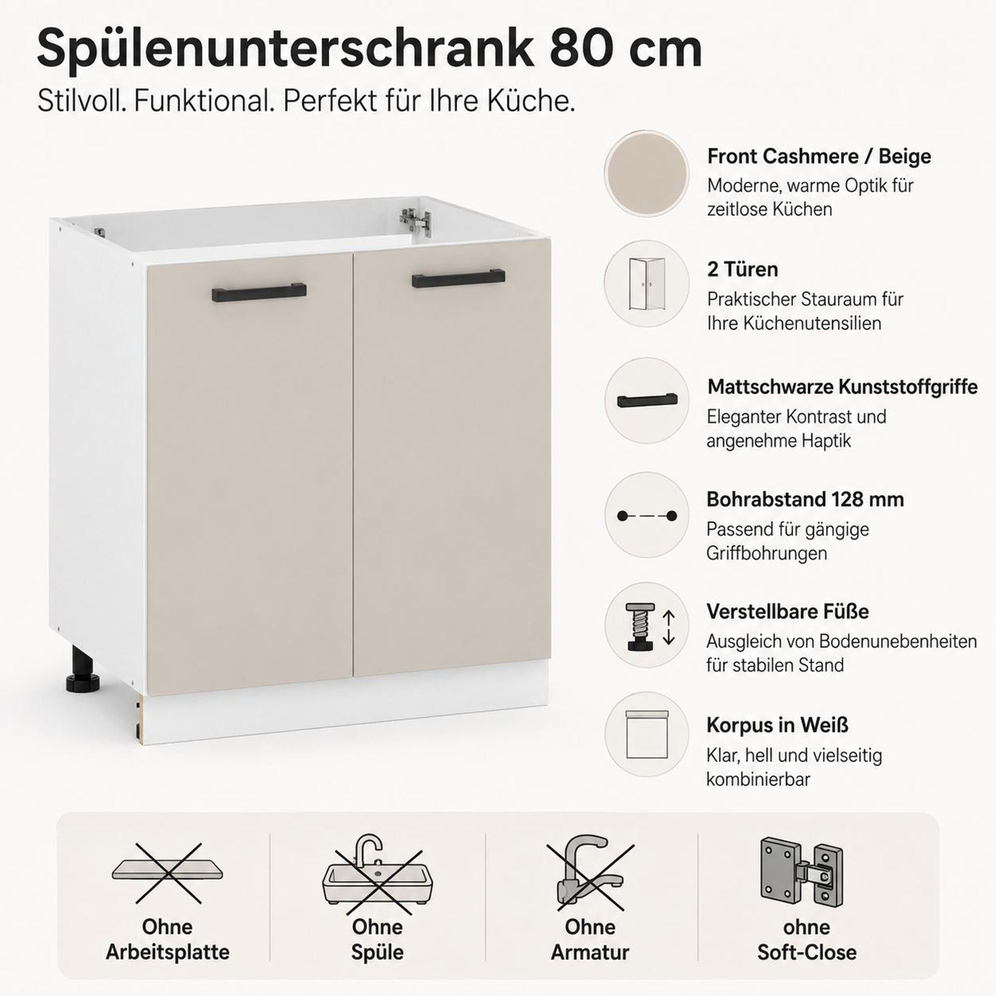 Spülenunterschrank 80 cm Kaschmir Beige: Details mit 128 mm Bohrabstand & verstellbaren Füßen.