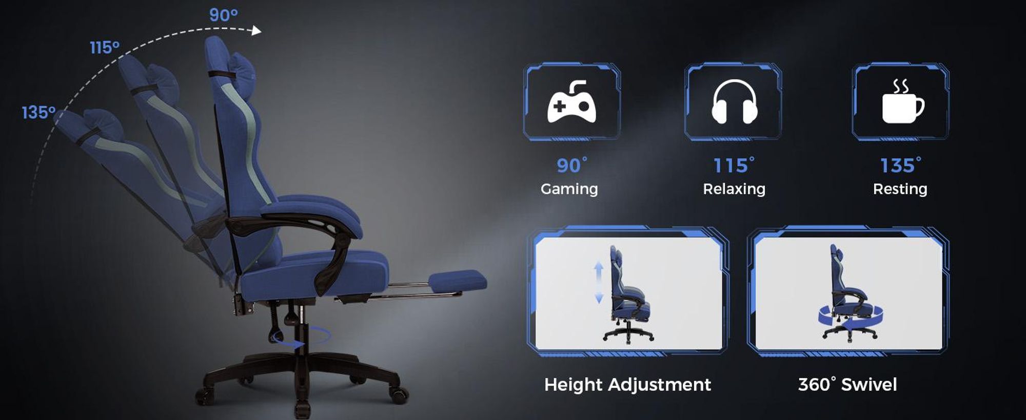 GTPLAYER Gaming Stoel: Ergonomische gaming stoel, bureaustoel, PC-gaming stoel, race stoel met stoffen bekleding, veerkussen, verstelbare armleuningen en voetsteun. Draagvermogen tot 153 kg