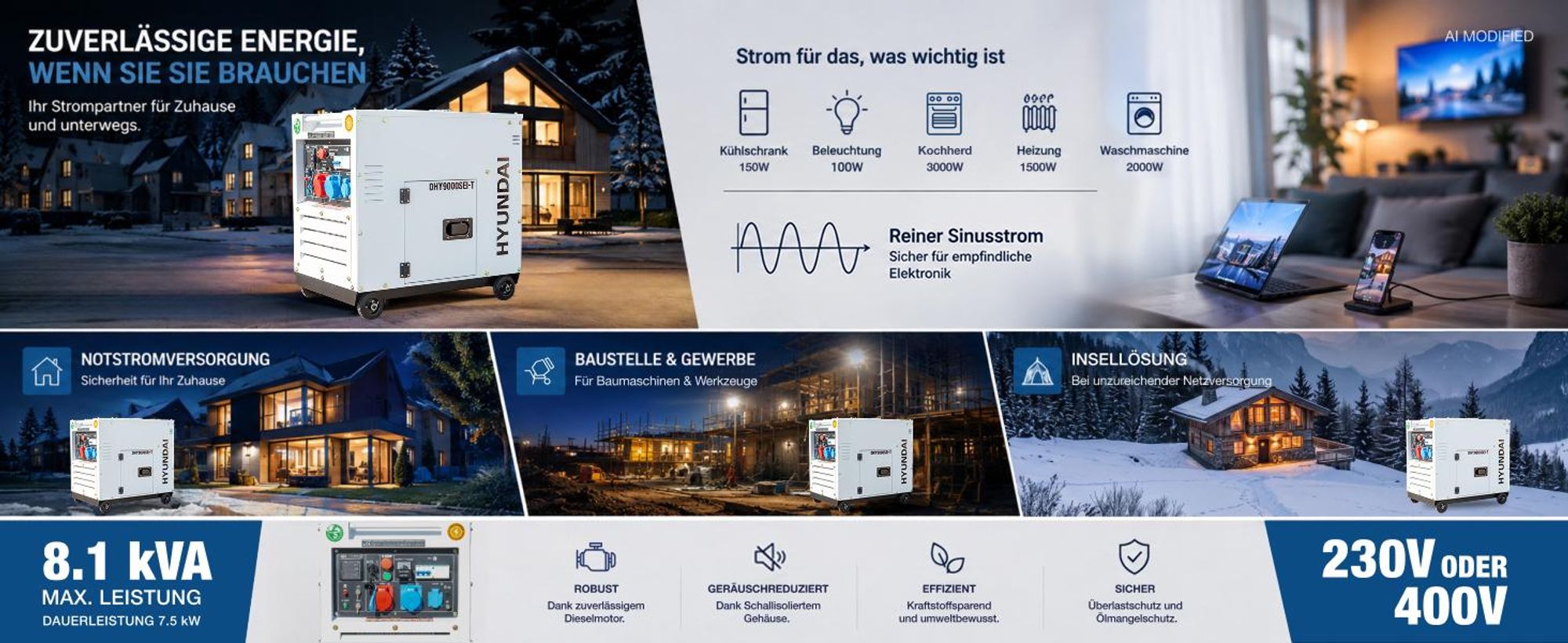 HYUNDAI Diesel Inverter Generator DHY9000SEi-T – 6,5 kW / 8,1 kVA Stromerzeuger mit E-START, ATS-Anschluss, 230V & 400V – Diesel Notstromaggregat