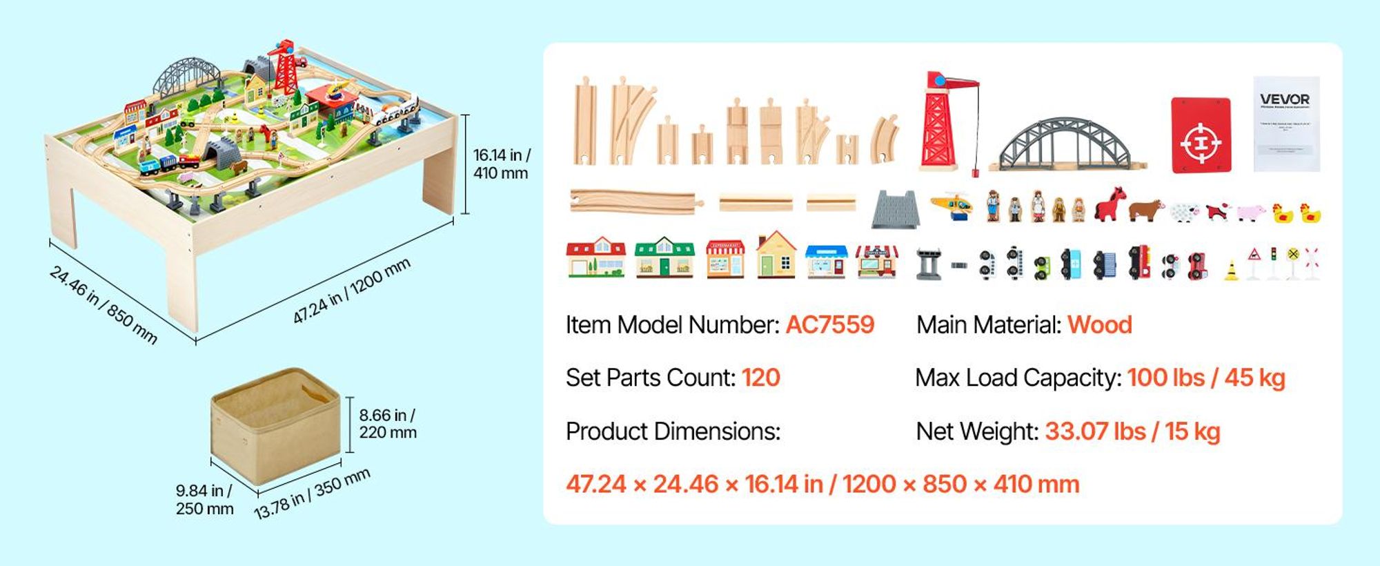 VEVOR Zugtisch, 120 mehrfarbige Holzstücke, Aktivitätstisch für Kinder mit zusammenklappbarem Aufbewahrungsbehälter, 3-in-1 Holz-Zugset zum Spielen, Zeichnen, Lesen, Essen, kreatives Spielzeugset für Kinder ab 3 Jahren, 47.4x33.5x16 Zoll