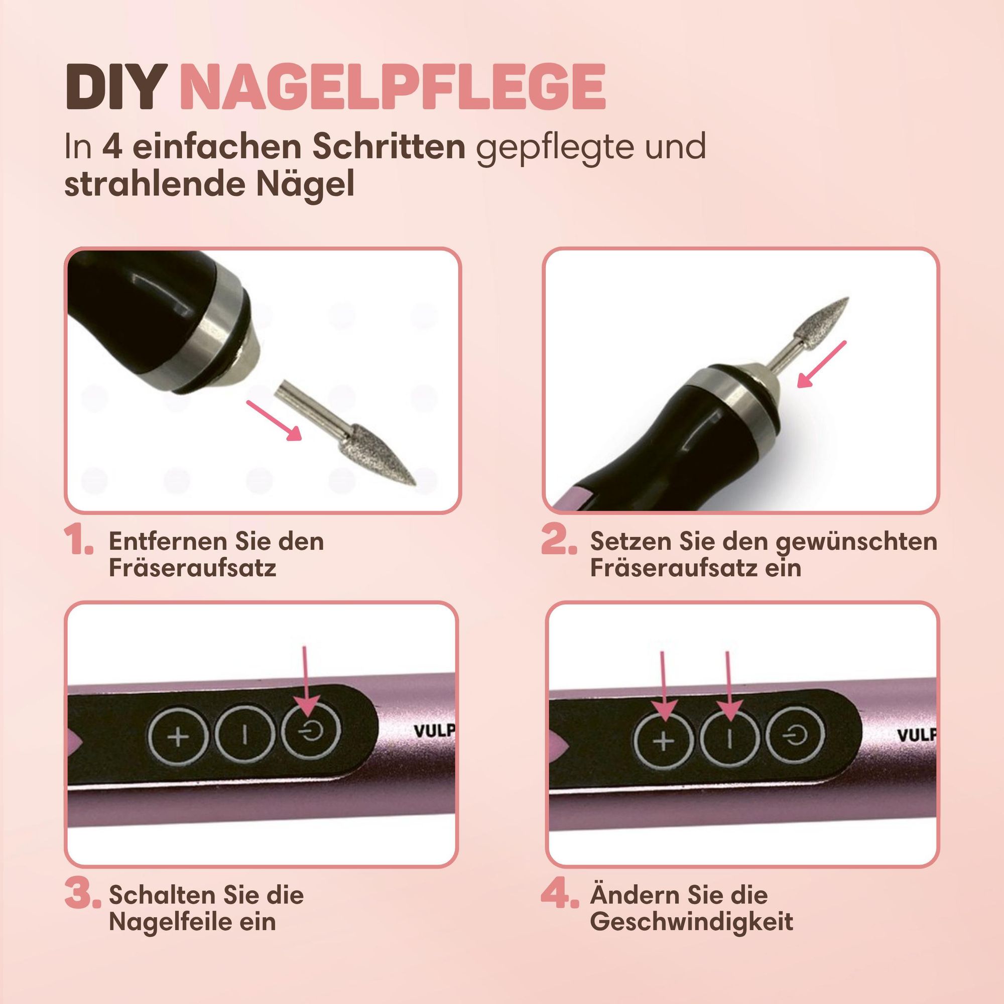 Vulpes Goods Elektrische Nagelfräser, Maniküre und Pediküre Set, Nagelfeile, Drahtlos & Aufladbar, Nagelpfeile, 11 Nagelfräser-Bits, 96 Schleifrollen