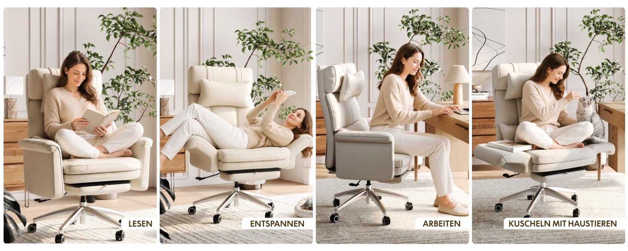 FLEXISPOT Ergonomischer Bürostuhl, 180° klappbare Armlehnen, aus kratzfestem Kunstleder, höhenverstellbare Kopfstütze, 90–130° verstellbar, Beige