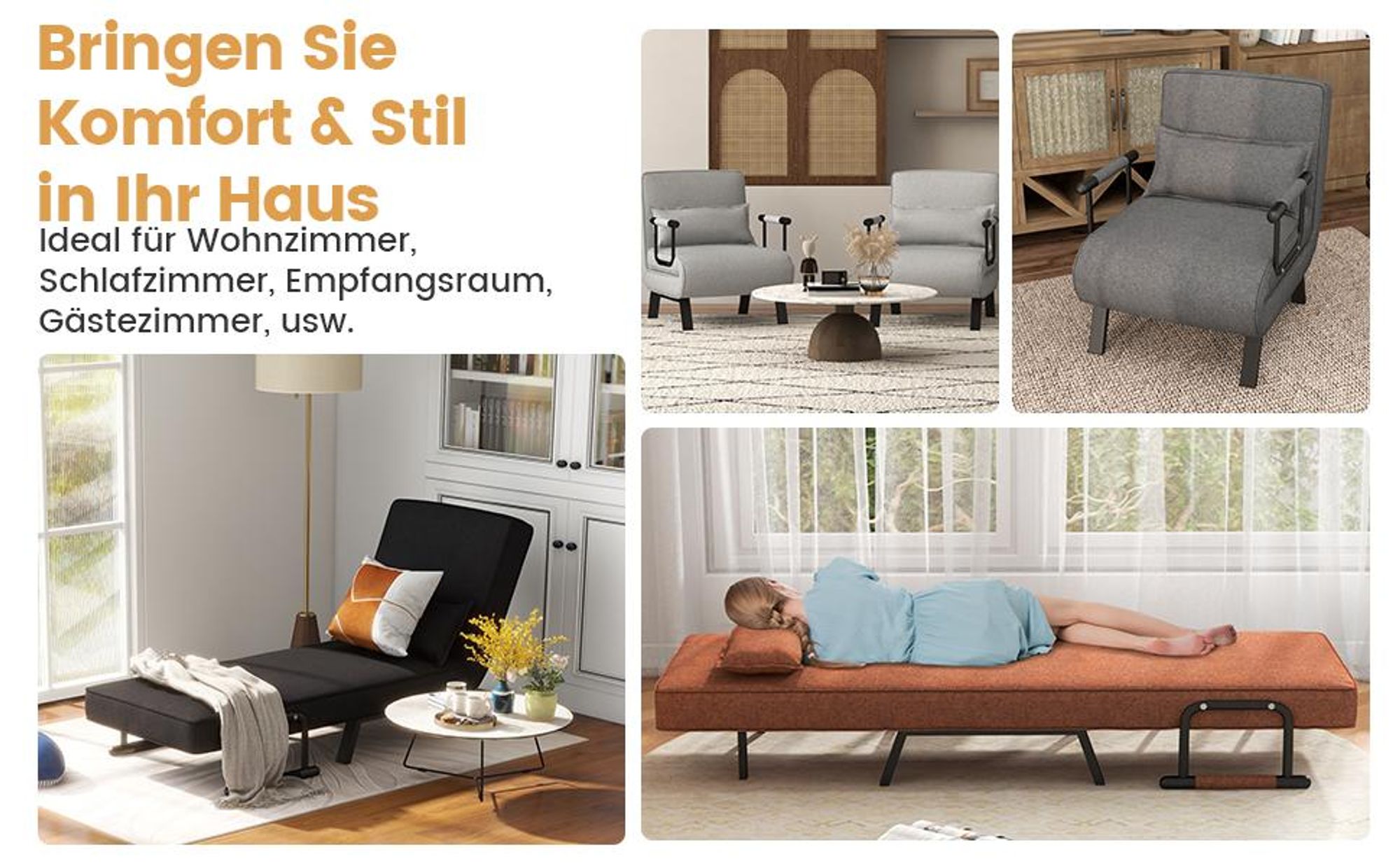 COSTWAY Schlafsessel mit Bettfunktion, Schlafsofa mit 5 stufig Rückenlehne & Kissen, bis 180 kg belastbar, klappbares Sofabett für Zuhause, Büro, Blau