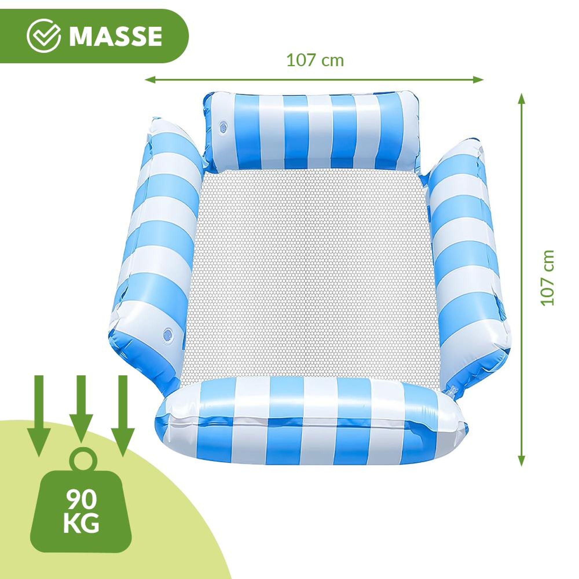 KRUMAD Wasserhängematte Aufblasbar 107x107 cm, Schwimmnetz mit Kopfstütze, Poolmatte für Erwachsene, Liege Wassermatratze Weiß-Blau