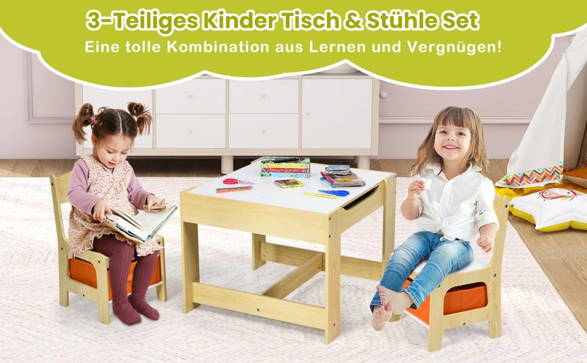 COSTWAY 3 TLG. Kindersitzgruppe, Kindertisch mit 2 Stühlen, Stauraum, Kreidetafel & Whiteboard, Kindersitzgarnitur für Kleinkinder von 3-7 Jahren
