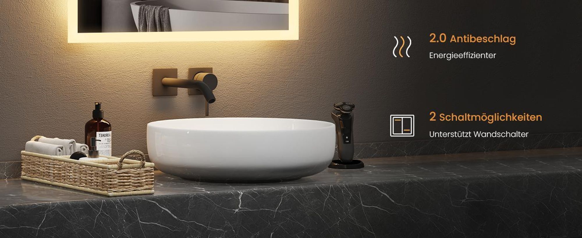 EMKE LED Badspiegel 50x70cm mit Beleuchtung & Antibeschlag, Wandspiegel mit Mechanischem Schalter Badezimmerspiegel 3000K/6500K Lichtfarben