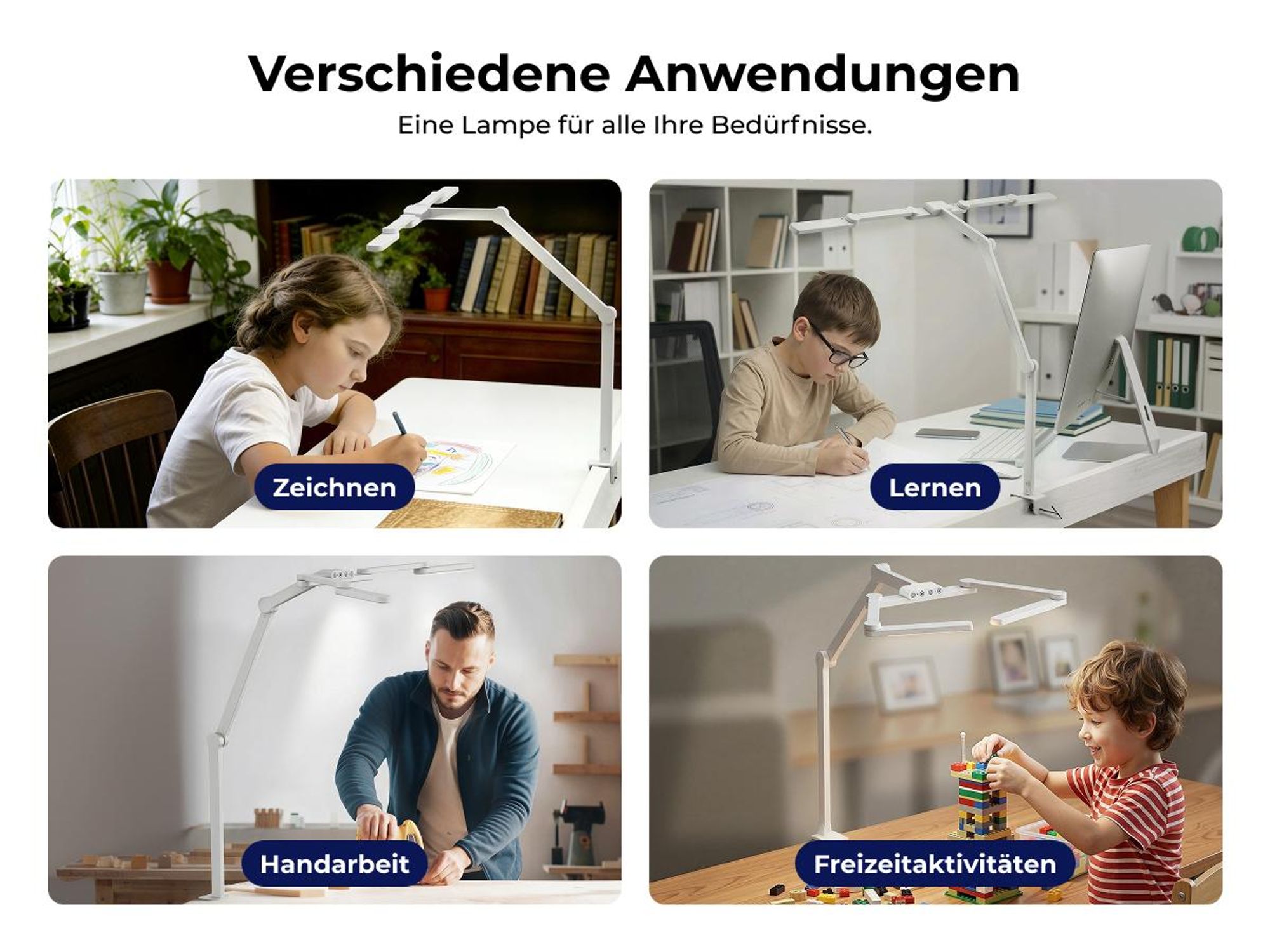 HOKO LUKAS dimmbare LED-Schreibtischlampe mit Lichtsensor für große Arbeitsflächen, Weiß
