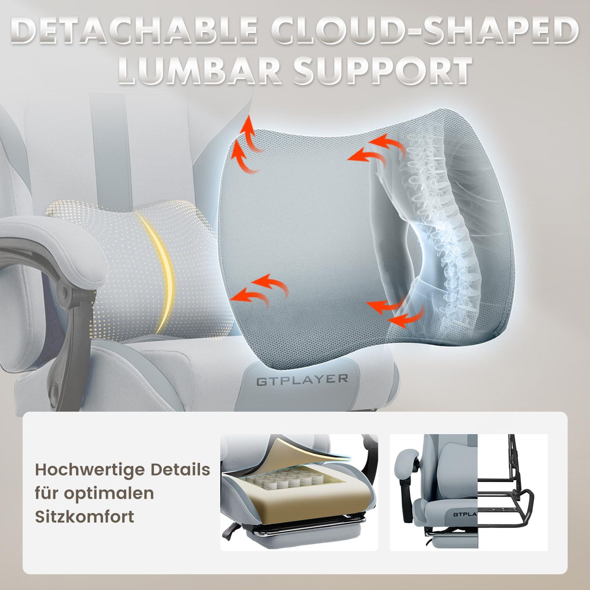 GTPLAYER Gaming Stuhl Ergonomischer Gaming Sessel Schreibtischstuhl mit Stoffoberfläche Atmungsaktiver Bürostuhl Federsitzkissen mit Fußstütze grau