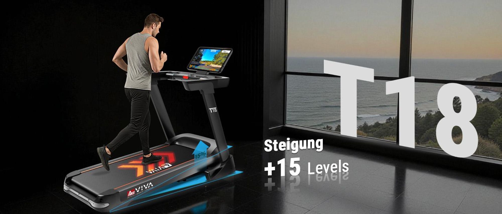 Laufband klappbar AsVIVA T18 Heimtrainer bis 20 km/h 15% Steigung mit Touchscreen Bluetooth bis 150kg für Zuhause