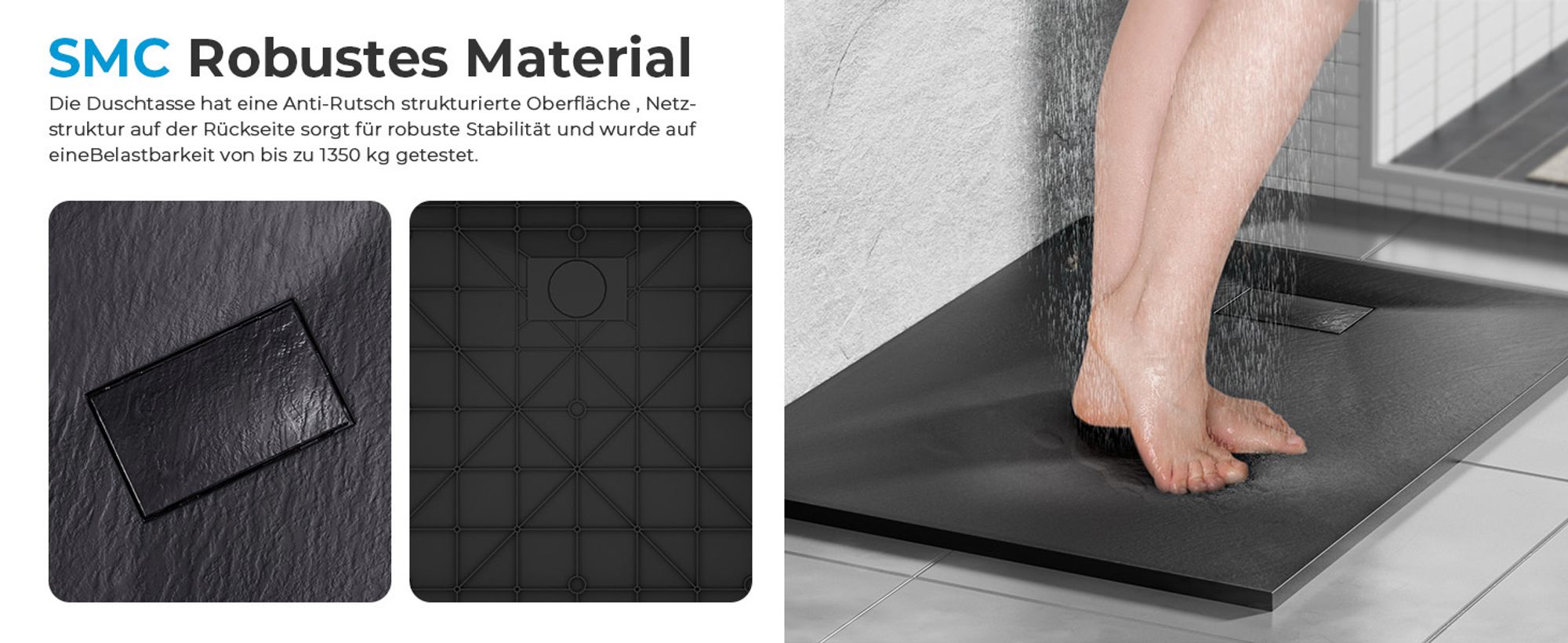 Heilmetz Duschwanne 80x80cm Duschtasse Steinoptik Rutschfeste Extraflach Langlebigem SMC Schwarz Quadratisch Brausetasse