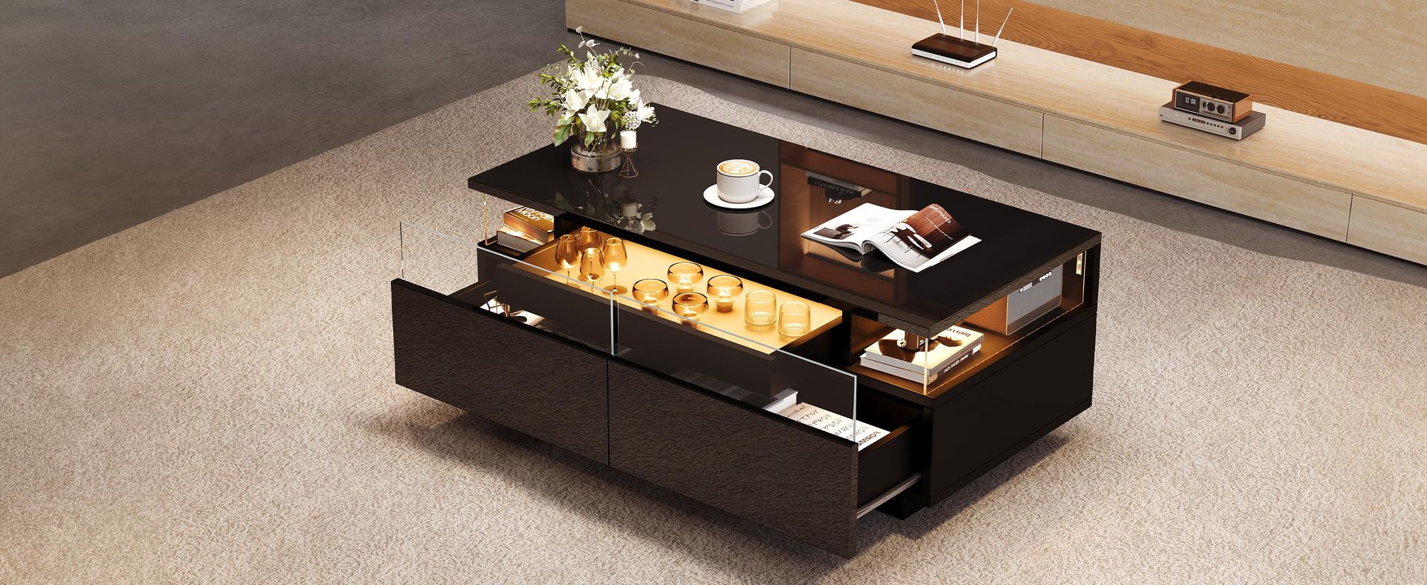 MODFU Couchtisch schwarz mit 2 Schubladen,Kaffeetisch Sofatisch mit stauraum und LED-Licht,Hochglanz-Beistelltisch aus gehärtetem Glas,90×45×35.5cm