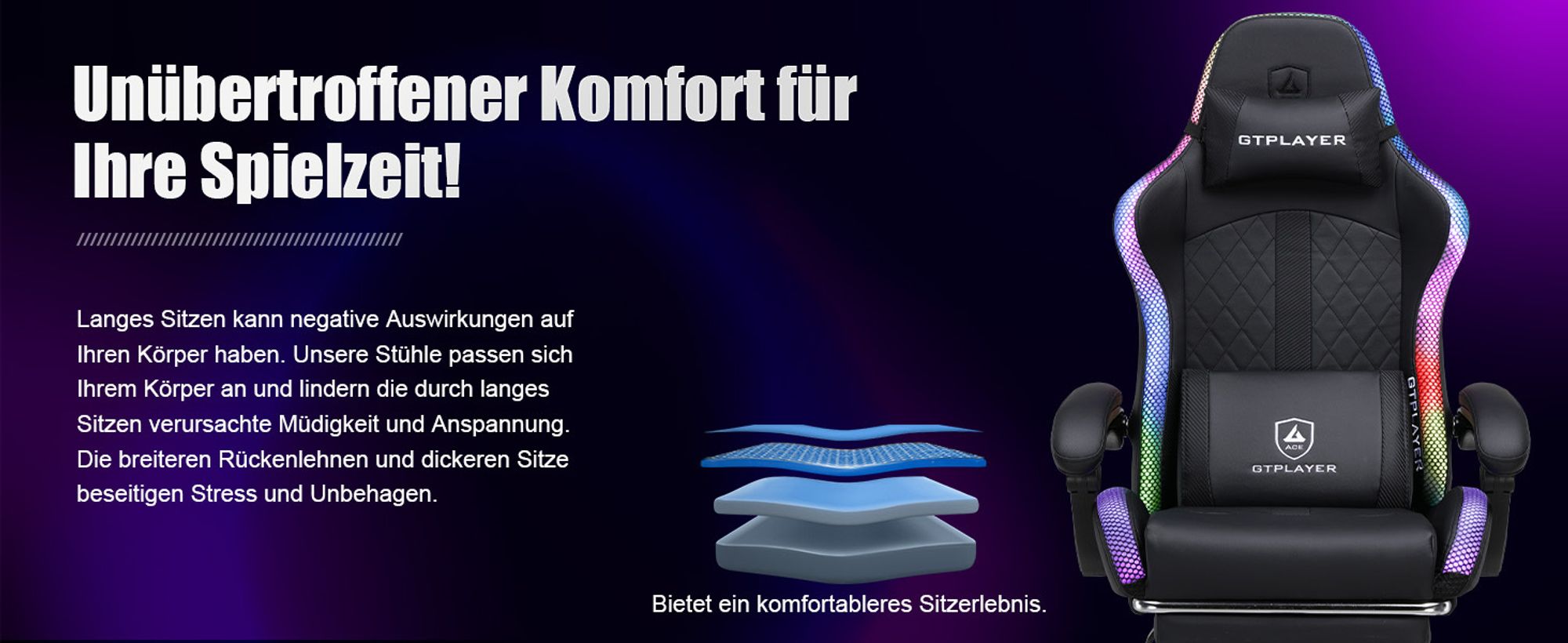 GTPLAYER Gaming Stuhl mit Lautsprecher und LED, Bürostuhl Gaming Chair Gamer Stuhl, Rückenlehne mit Aufbewahrungstasche Ergonomischer PC Stuhl schwarz