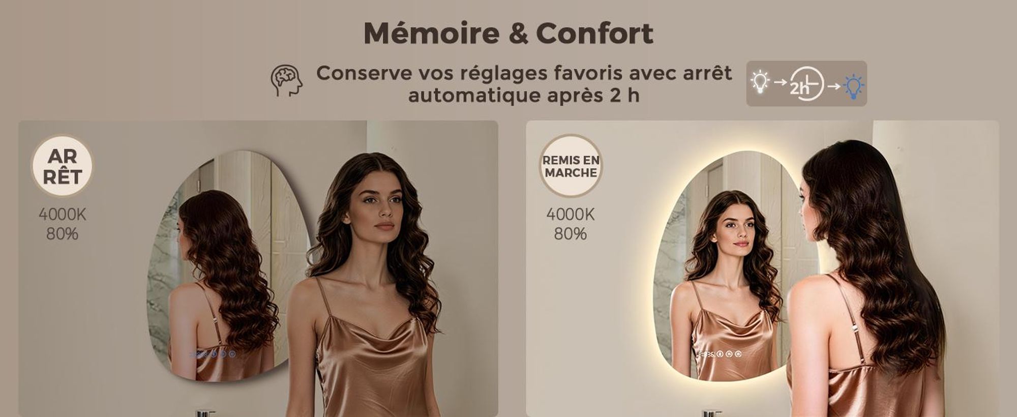 S'AFIELINA Miroir de salle de bain avec éclairage Asymétrique 60 x 45 cm avec 3 couleurs de lumière réglable, antibuée, Bluetooth, horloge, température, fonction mémoire
