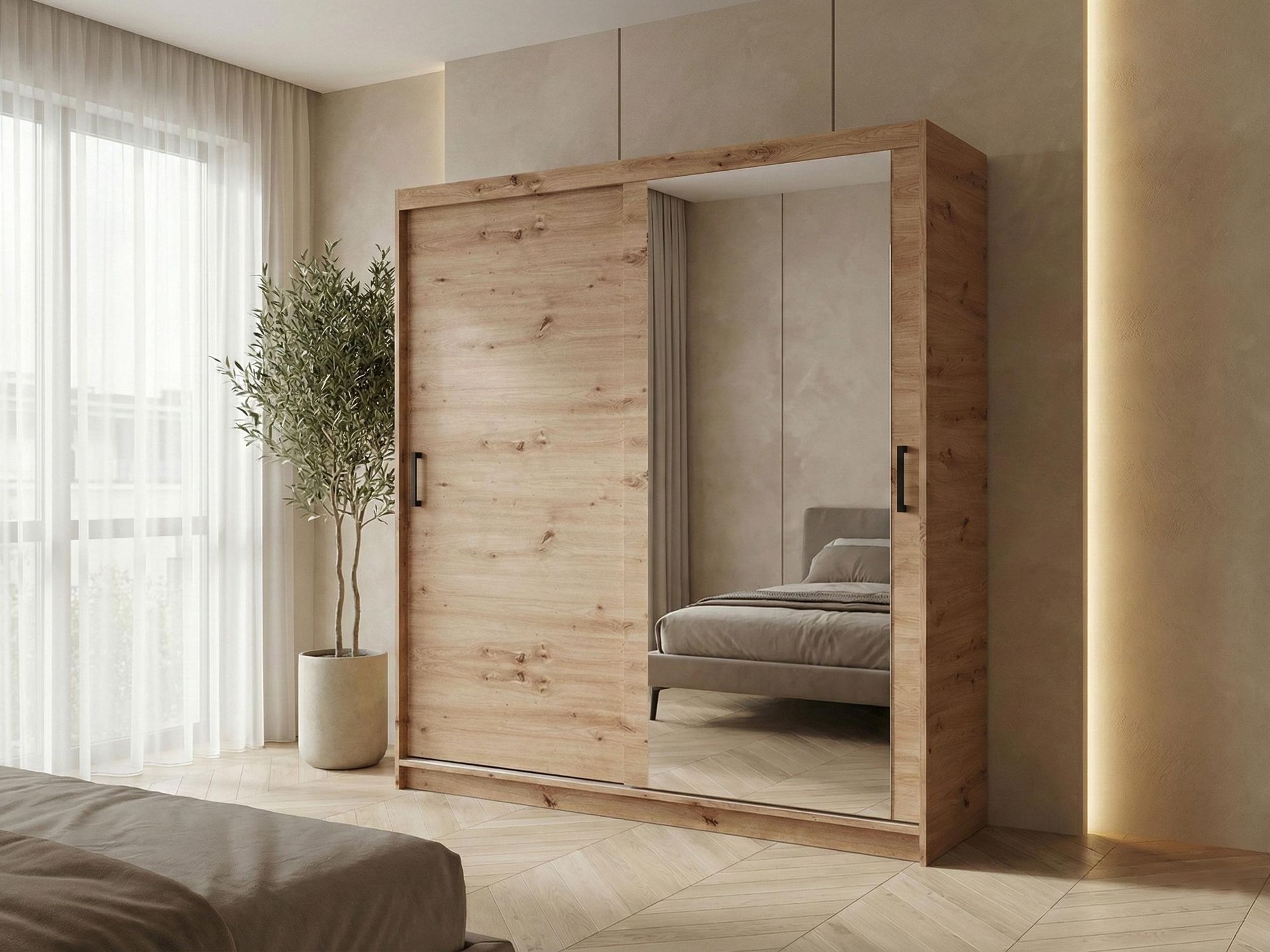BEAUTYSOFA | Armoire à portes coulissantes HELA 180 cm, chêne Artisan – 2 portes Armoire moderne avec miroir et portes coulissantes