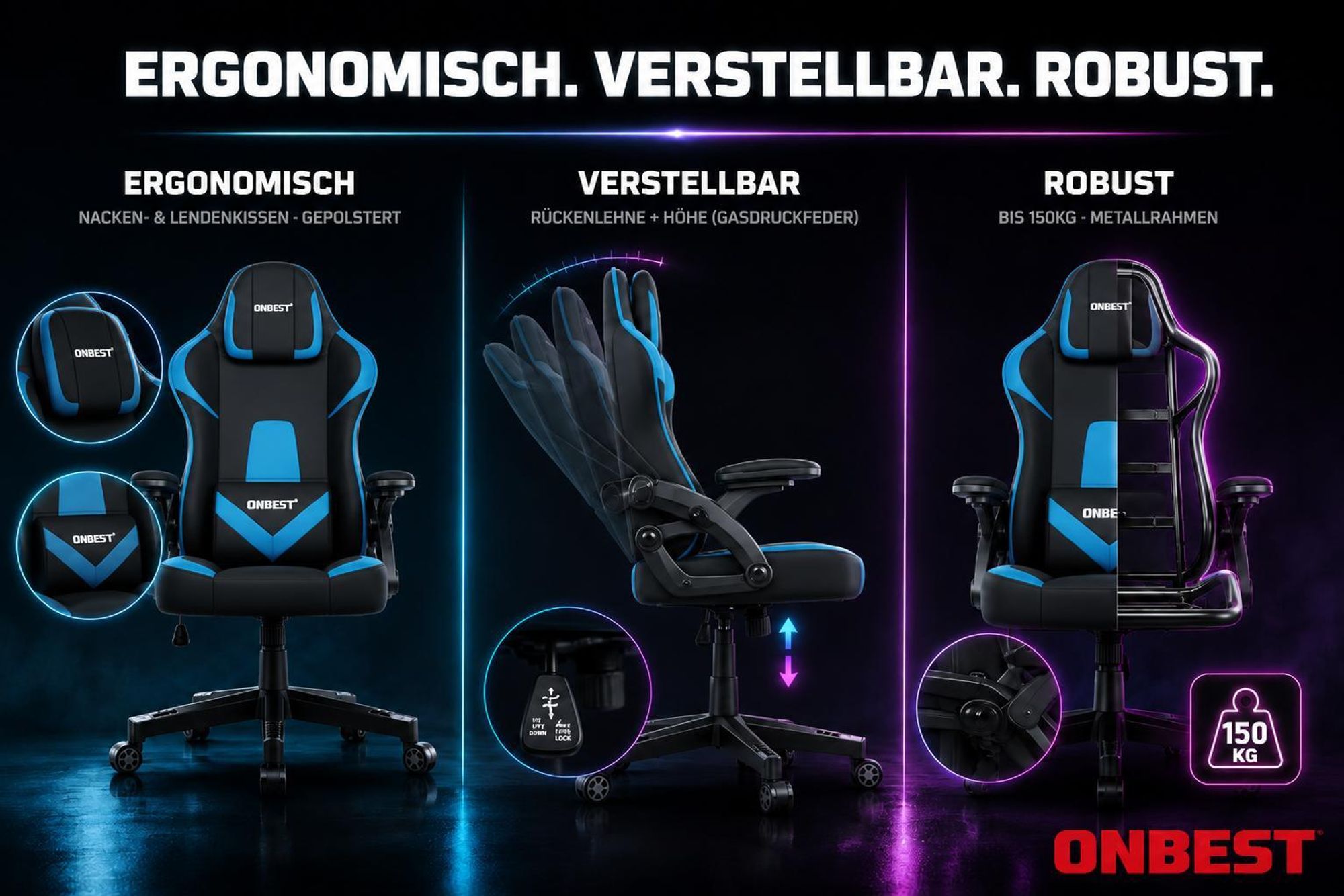 ONBEST Gaming Stuhl | Ergonomisch | mit Lordosenkissen | 150 kg | 360° | verstellbare Armlehnen Kopfstütze Rückenlehne