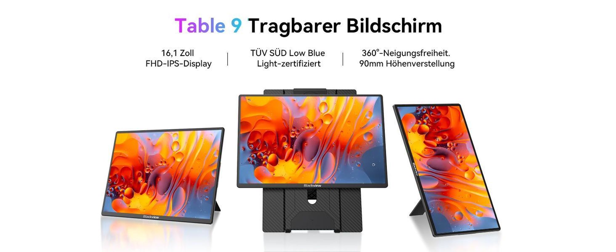 Blackview 16 Zoll FHD tragbarer Monitor 9, 650g ultraleicht, SÜD Augenschutz, 360° Drehständer, Plug & Play, Kompatibel mit Mac/Win/Android