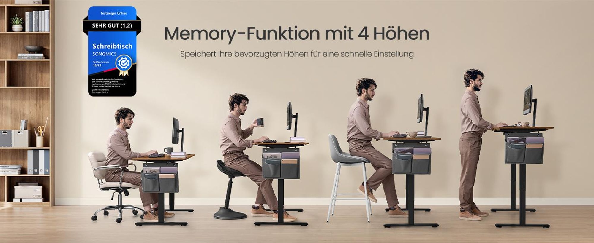 SONGMICS Höhenverstellbarer Schreibtisch elektrisch 160cm 4 Höhen vintage