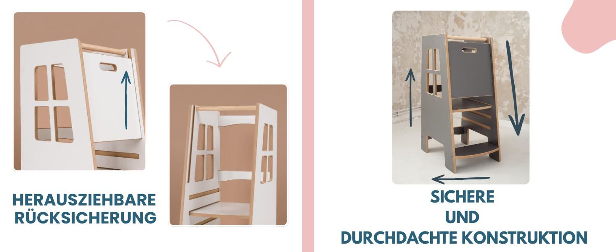 Kitchen Helper Extra Safe – sicherer und stabiler Lernturm für Kinder, höhenverstellbare Standfläche, robuste Konstruktion,