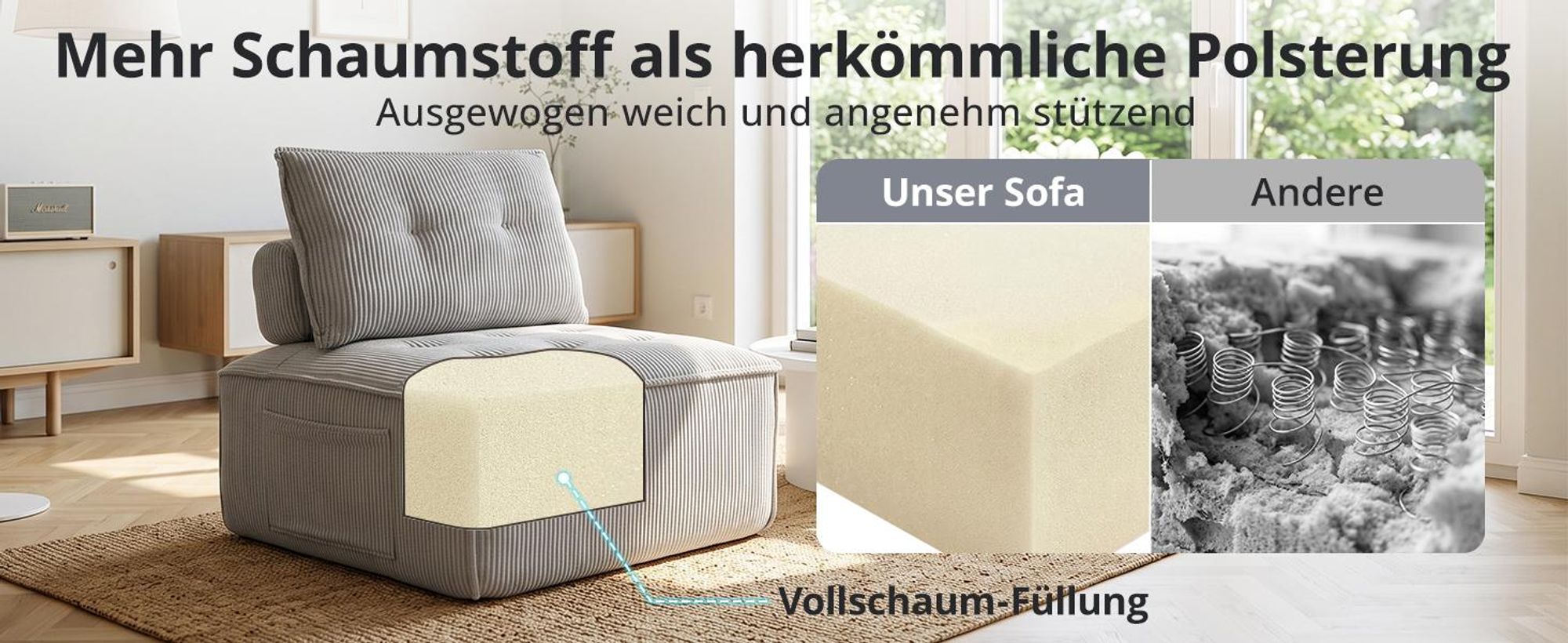 Modularer Loungesessel für Wohnz, Bodensessel aus Cord 84 × 84 cm, 2-in-1 als Sessel oder Hocker, mit Rückenkissen und Seitentasche, ohne Montage