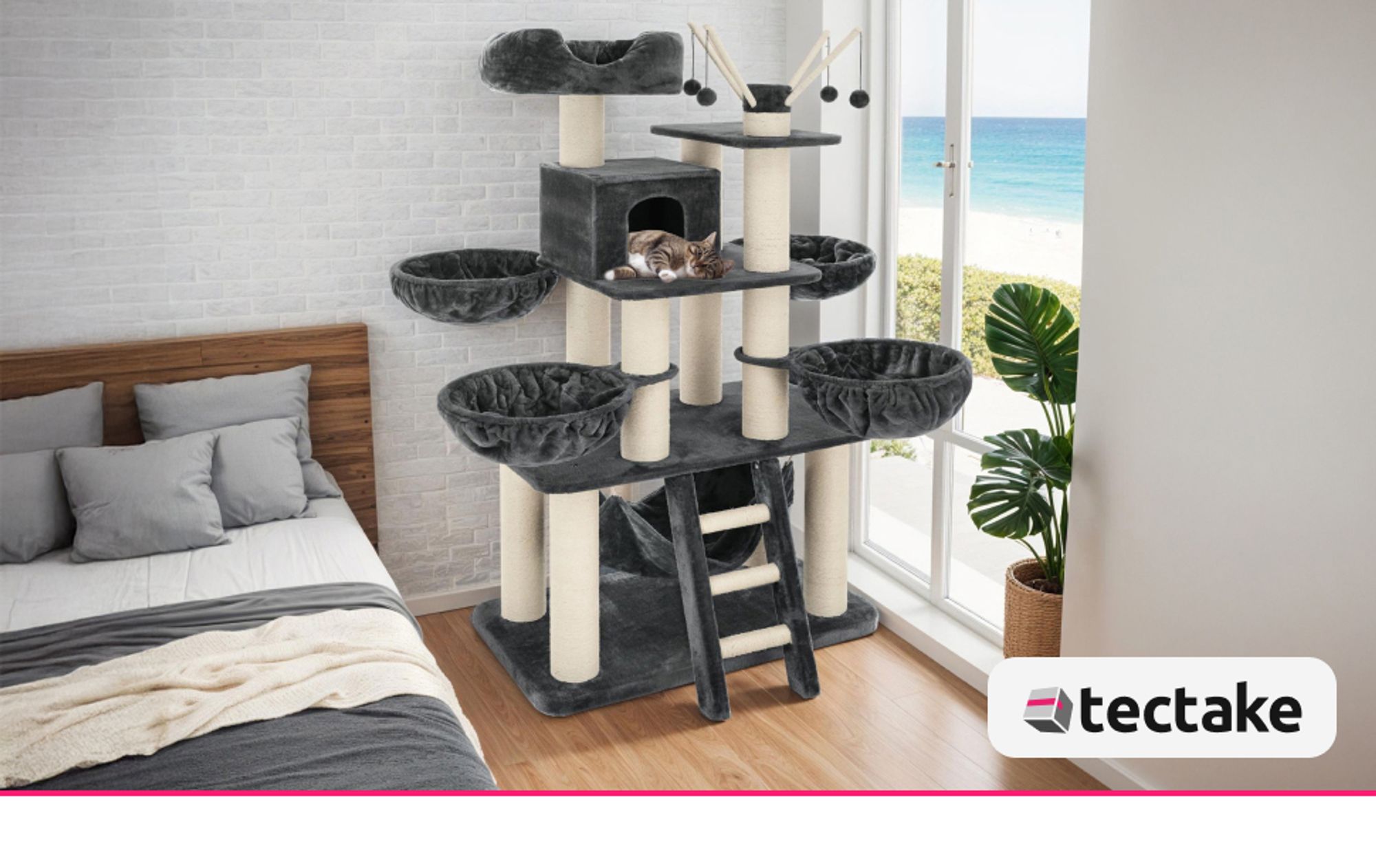 tectake® Kratzbaum Gismo 195 cm inklusive Treppe, 4 Spielbällen und Kippschutz