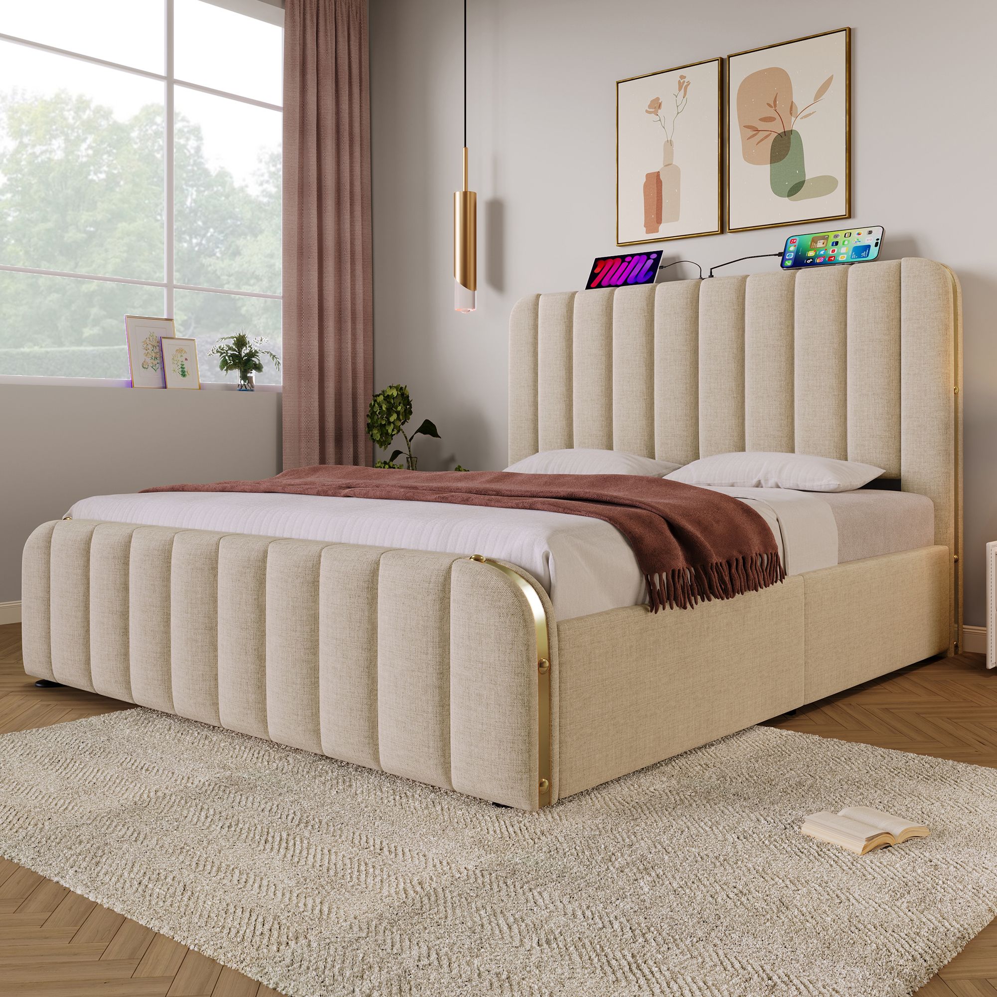 Flieks Polsterbett 160x200cm mit Ladefunktion (USB, Typ-C), Doppelbett Stauraumbett mit Lattenrost, Hydraulisches Jugendbett Boxspringbett, Leinen