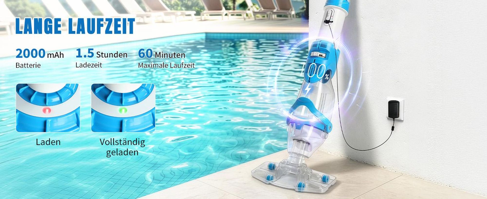 FCH Poolsauger, kabelloser 40W-Poolsauger mit starker Saugkraft und ausziehbarem Stiel