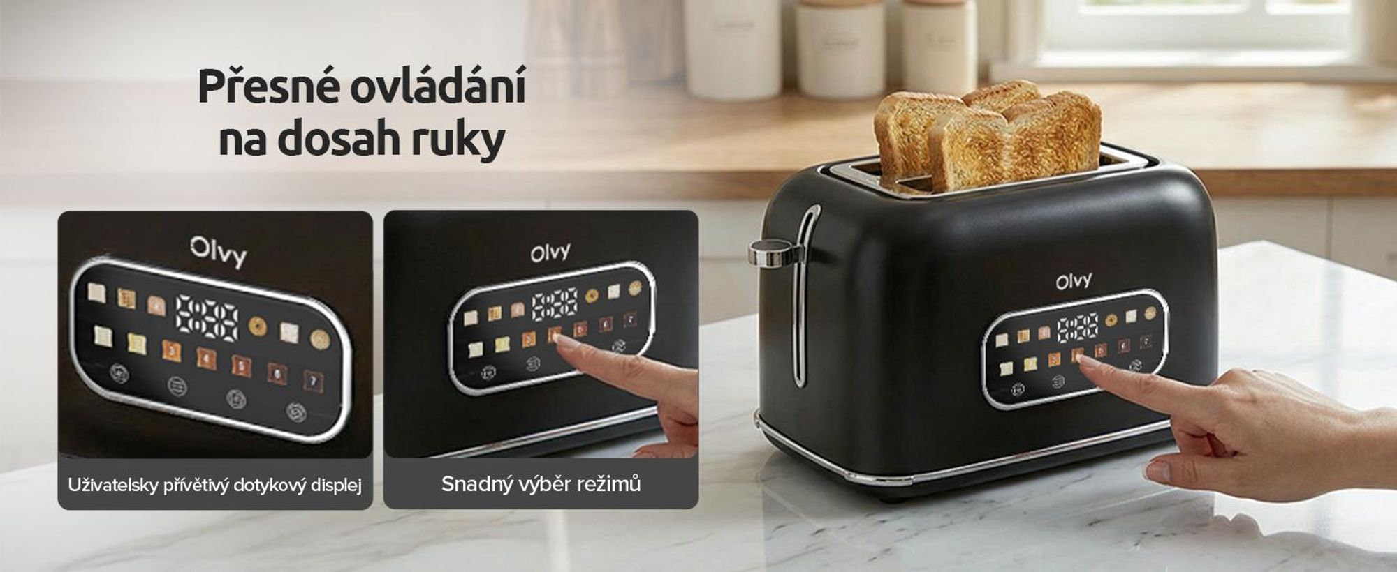 Toustovač Olvy, dotykový displej s časovačem, 7 stupňů opékání, extra široké otvory, 6 programů včetně bagelů a vaflí, funkce rozmrazování a ohřívání, černý