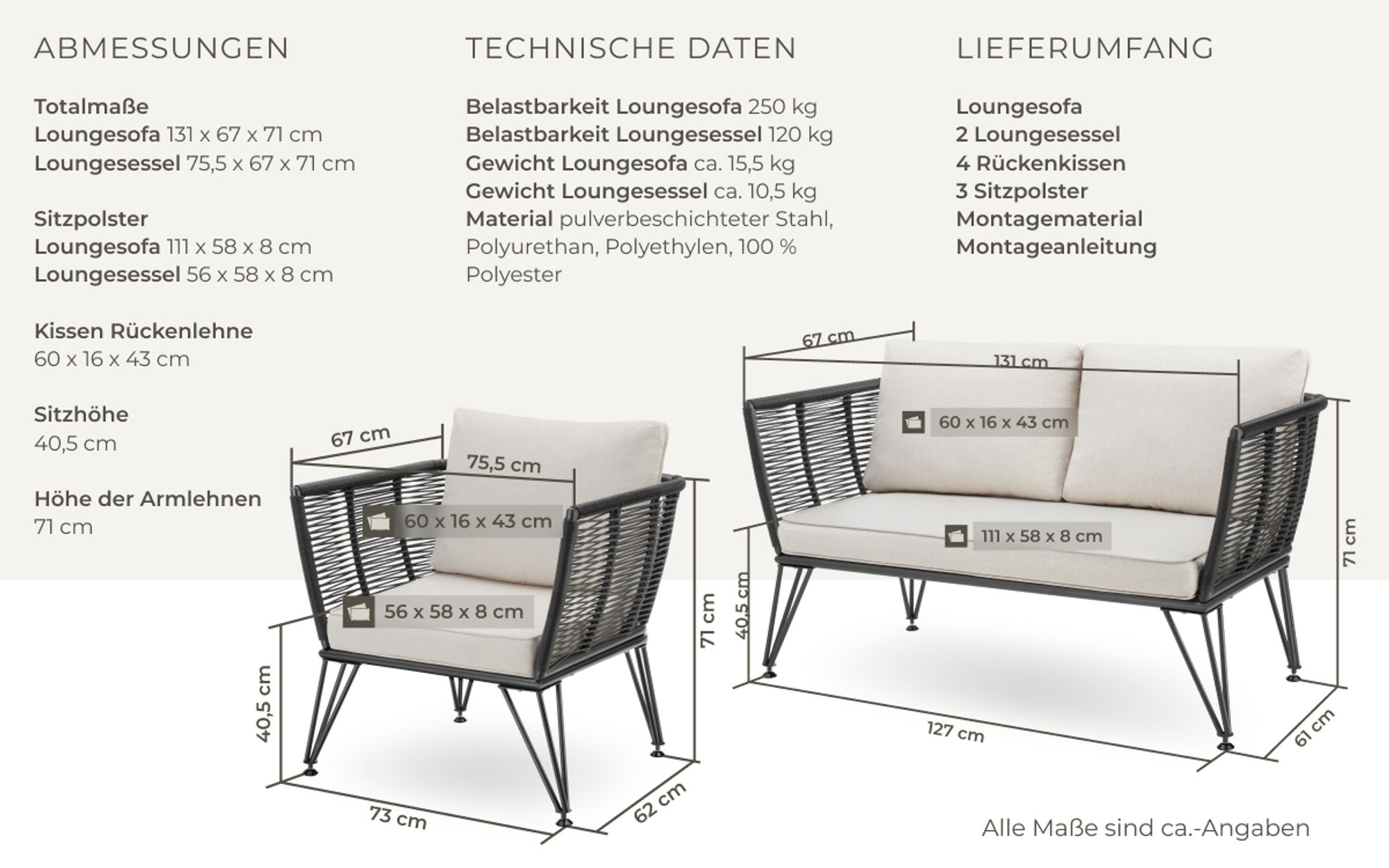 tectake® Garten-Loungeset Sundo im Rope-Design mit Polyrattan