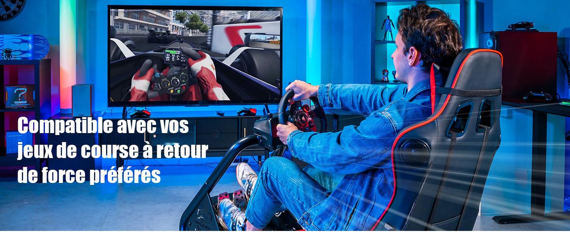 GTPLAYER simulateur de cockpit, SIM racing cockpit, simulateur de course support de volant fauteuil gaming racing wheel stand avec haut-parleur bluetooth et repose pédale