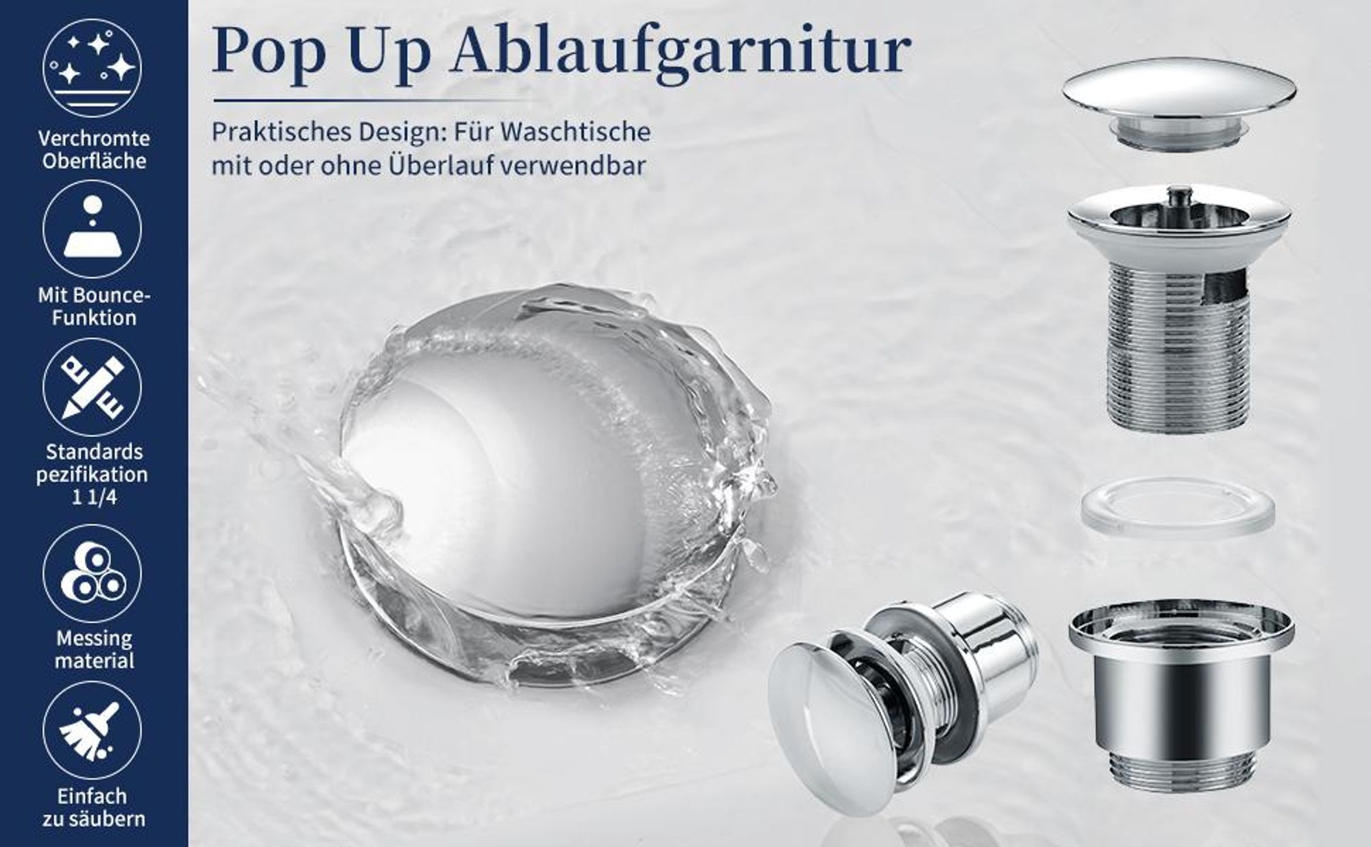 Homelody Universal Ablaufgarnitur Pop-Up Ventil 1 1/4 Zoll aus Messing mit Überlauf Abflussgarnitur für Waschtisch/Waschbecken