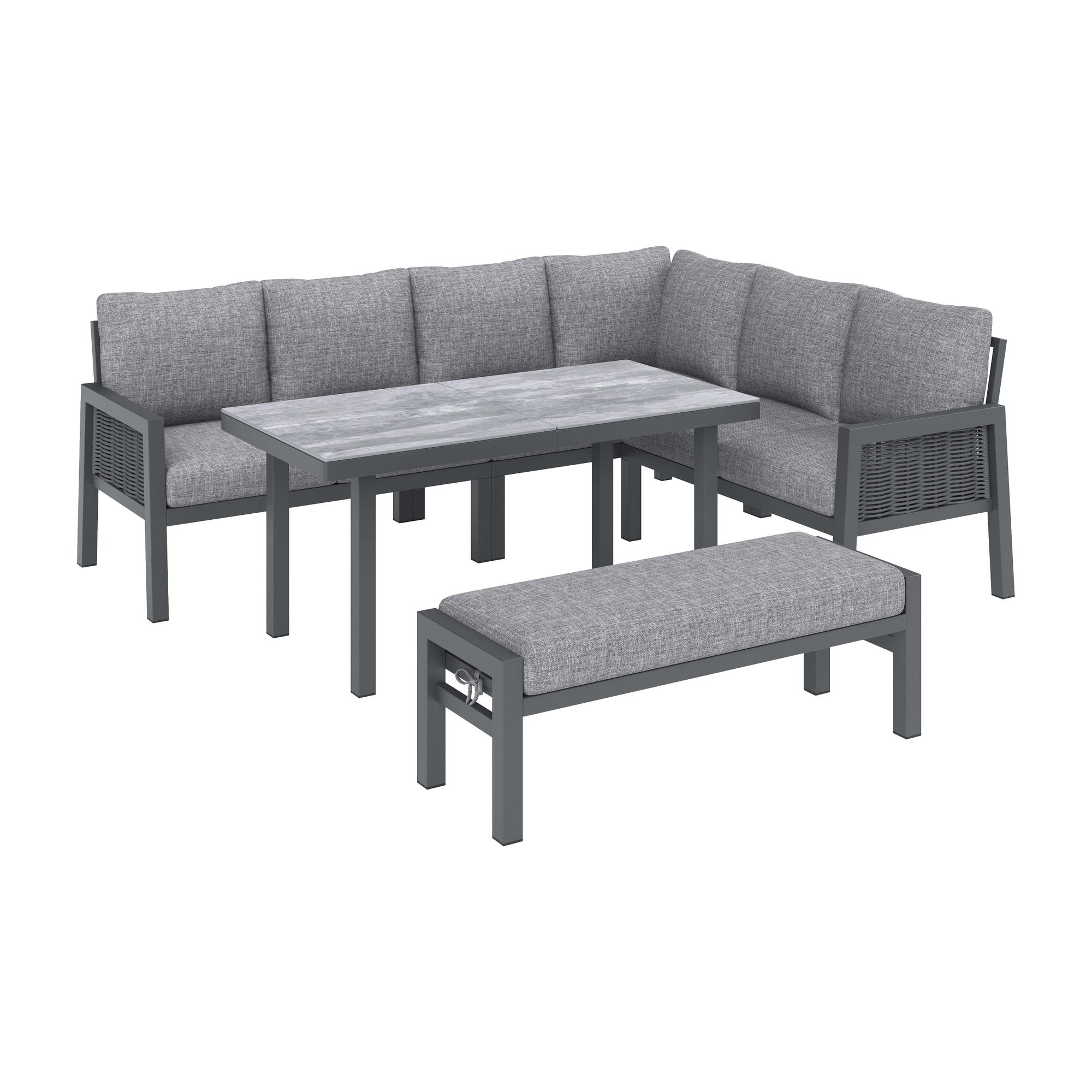 Flieks Gartenmöbel-Set 8 Sitzer, Ecksofa mit Bank und Esstisch, Gartenlounge-Set mit PE-Geflechtseil-Design, Gartengarnitur Sofagarnitur Grau