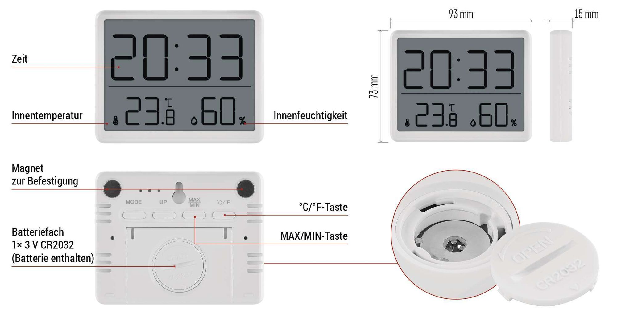 EMOS digitales Raumthermometer und Hygrometer mit Uhr, LCD Display, Anzeige von Mindest- und Höchstwerten, Datum, Wecker, inkl. Batterie, weiß