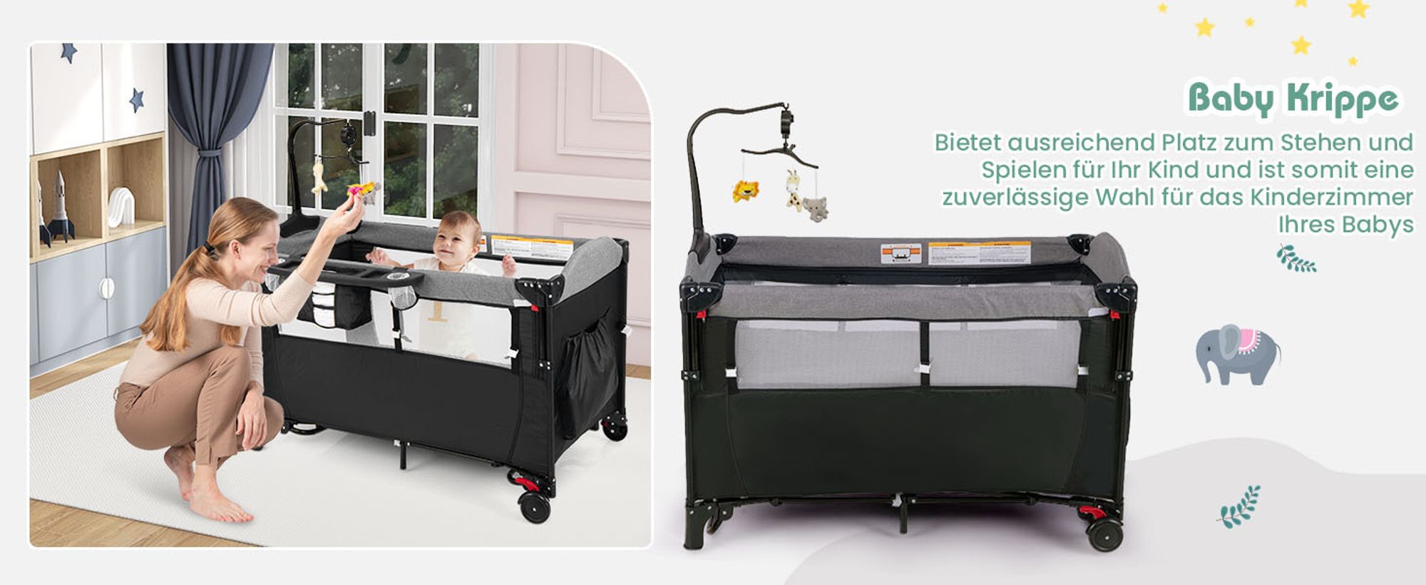 5 in 1 Reisebett mit Matratze 120 x 60cm, Höhenverstellbar Beistellbett mit Wickeltisch, Spieluhr & Spielzeug, Laufstall | Babybett | Babyschaukel für Baby ab Geburt (Grau)