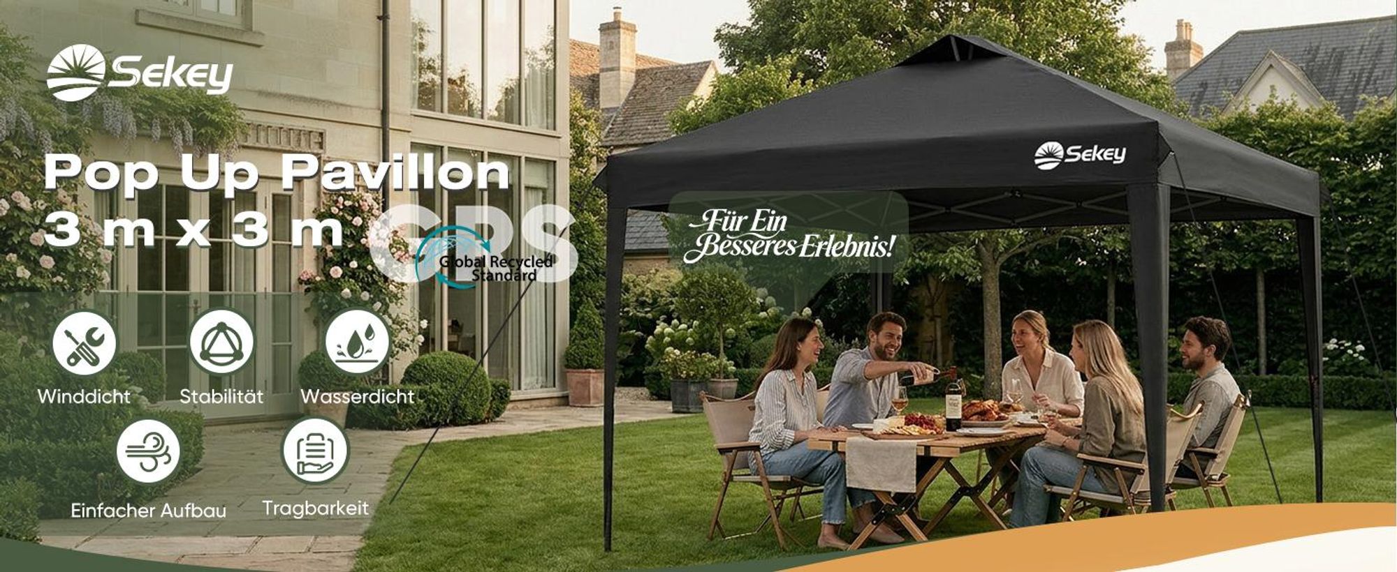 Sekey Faltpavillon 3x3 m, wasserdicht, UV-Schutz 50+, belüftet, 3 Höhen, stabil & windfest