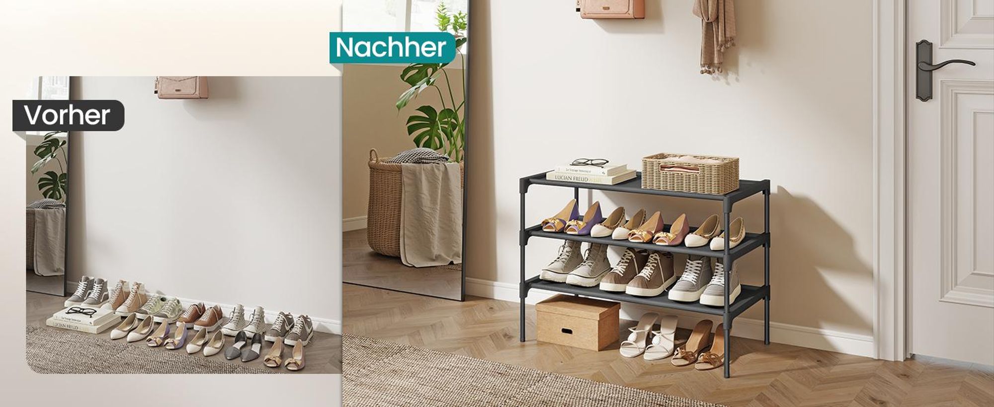 Schuhregal 3 Ebenen, Schuhaufbewahrung, Eingangsbereich, platzsparend, Metallrahmen, Vliesstoff-Ablage, schwarz