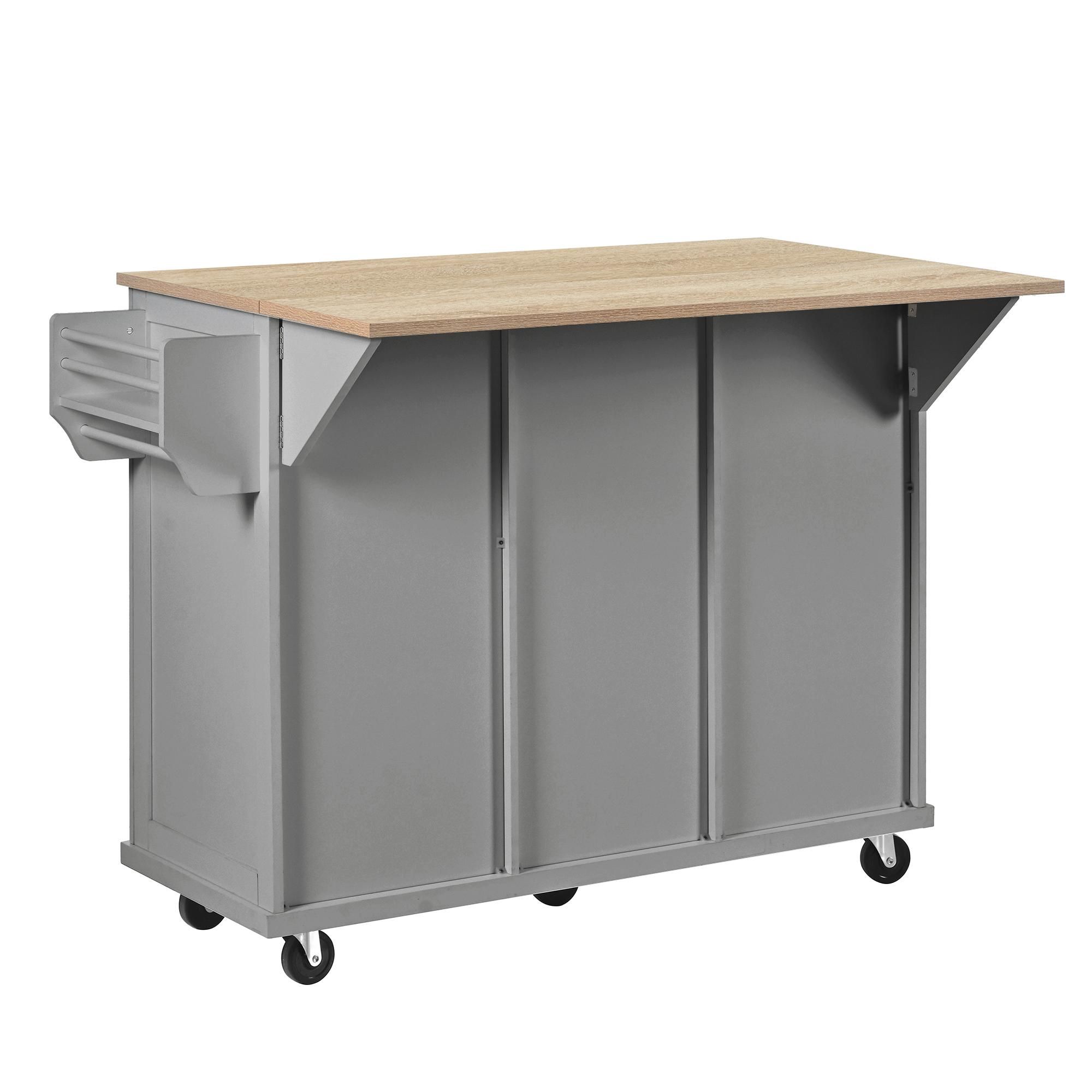 Flieks Servierwagen mit Arbeitsplatte Klappbar, Kücheninsel Küchenwagen mit Mülleimerfach & Schubladen, Mobil Speisewagen, 112x46.2-76.2x92.7cm, Grau