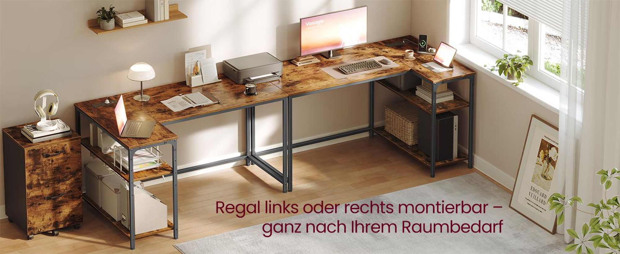 VASAGLE Schreibtisch mit Stauraum, L-Form Computertisch, höhenverstellbare Ablage, Büro, mit Ladestation, 120 x 80 cm, braun