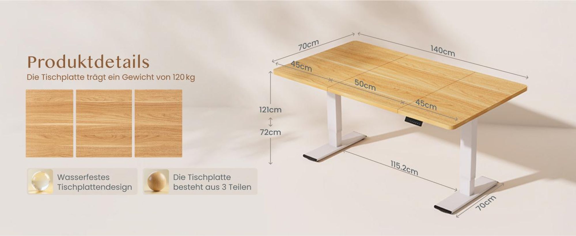 FLEXISPOT QB2 Höhenverstellbarer Schreibtisch Elektrisch 140x70cm, 2 STARKE MOTOREN, 120 kg Tragkraft, Antikollisionsschutz, 4 Memory-Funktion (Ahorn)