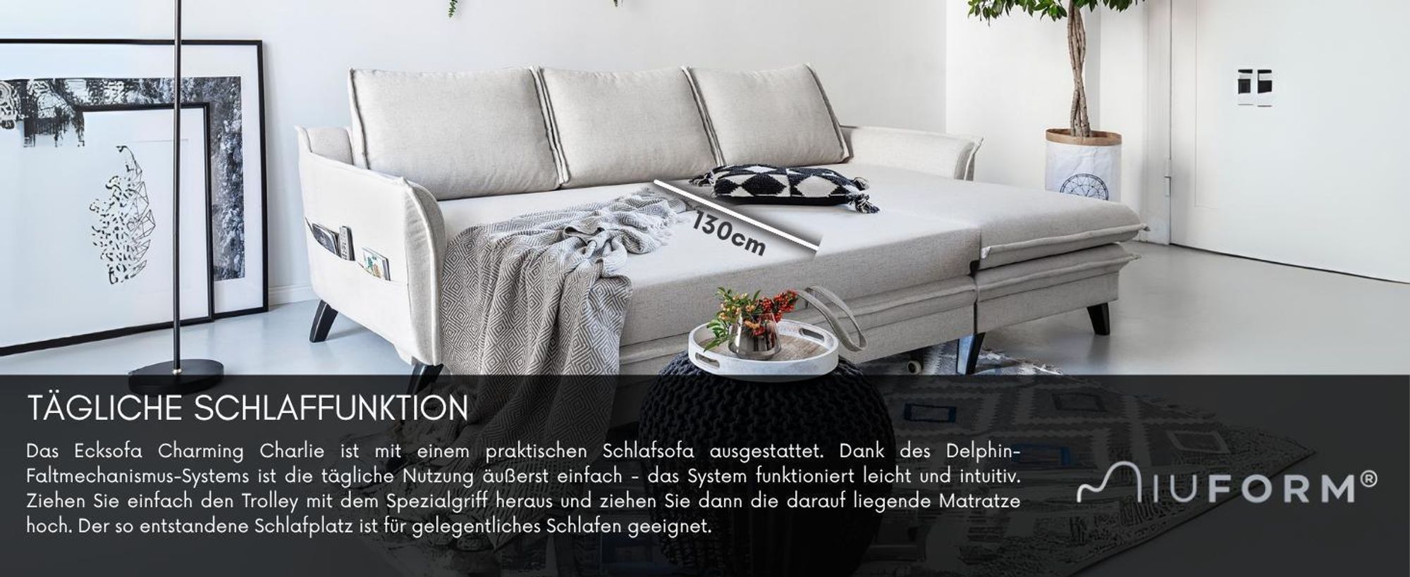 MIUFORM Charming Charlie - Ecksofa mit Bettfunktion und Bettkasten L-FORM RECHTS - 228x150cm - Dunkelgrau - Sofa Schlafsofa Couch