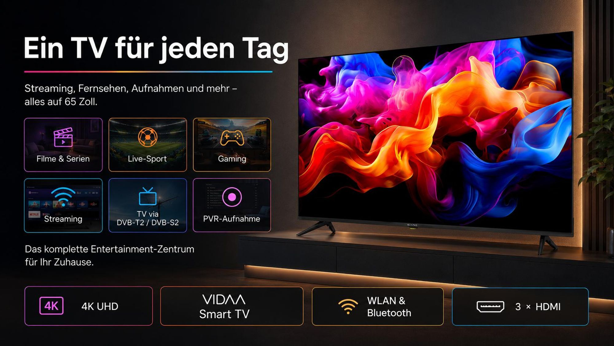 Kiano Elegance 65 VIDAA 4K UHD Smart TV, 65 Zoll DLED Fernseher mit HbbTV, WLAN