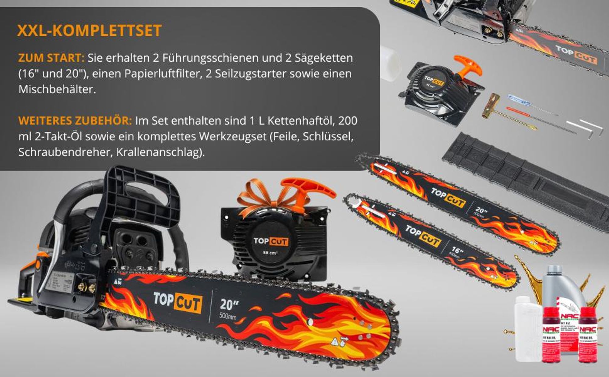 TOP CUT TC-CS58 Benzin Kettensäge Motorsäge 5,7 PS | 58 ccm | 2 Schwerter 40 & 50 cm | 2 Ketten | Easy Start Seilzug | XXXL Zubehör Set