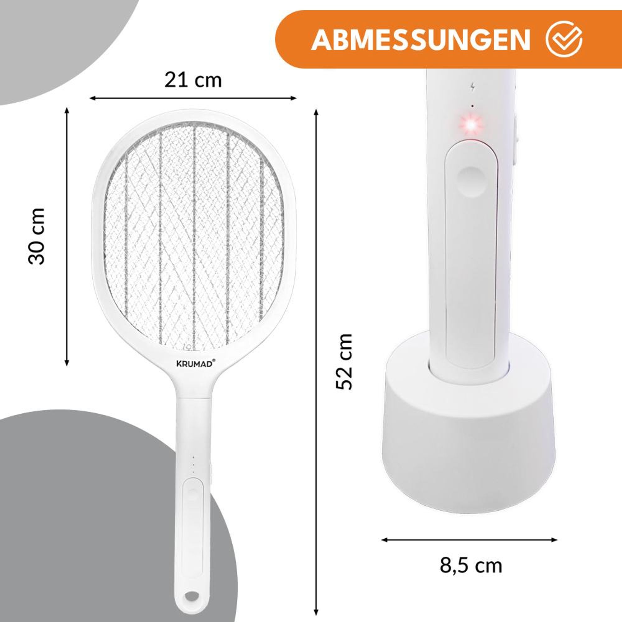 KRUMAD Elektrische Fliegenklatsche 2-in-1 – USB-C aufladbar, LED, 3-lagiges Schutznetz & Standfuß – Insektenvernichter gegen Mücken, Fliegen & Wespen