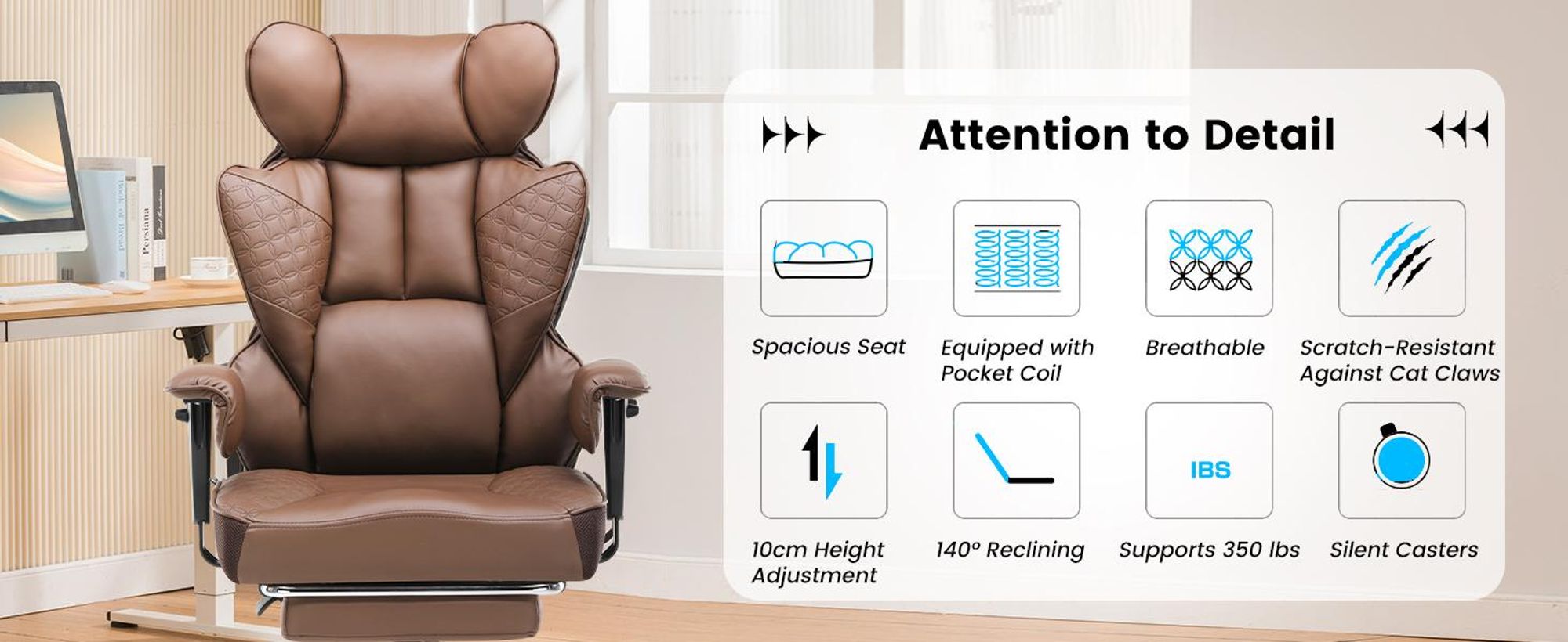 COMHOMA Chaise de jeu, chaise de bureau ergonomique, chaise de bureau avec accoudoirs réglables, soutien lombaire à ressorts ensachés 150 kg, marron