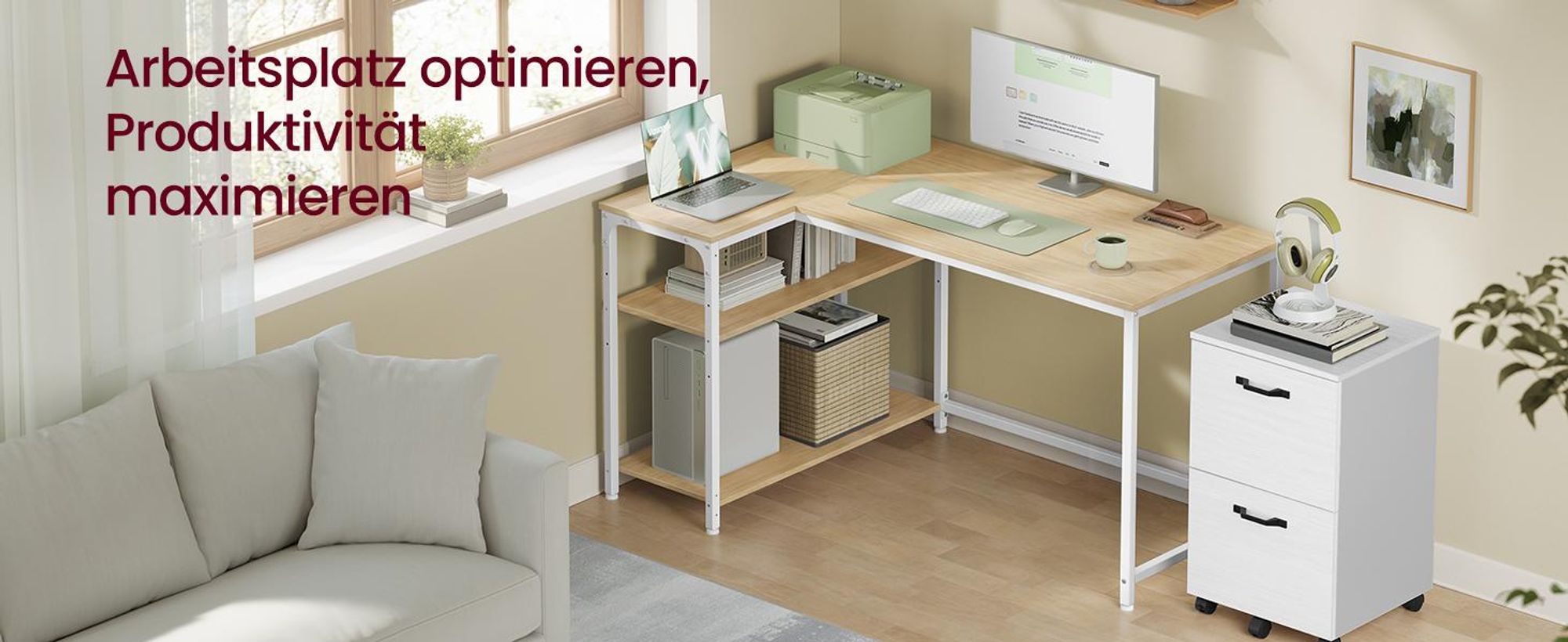 VASAGLE Schreibtisch mit Stauraum, L-Form Computertisch, höhenverstellbare Ablage, Büro, 120 x 80 cm, Natureichenfarben und Mattweiß