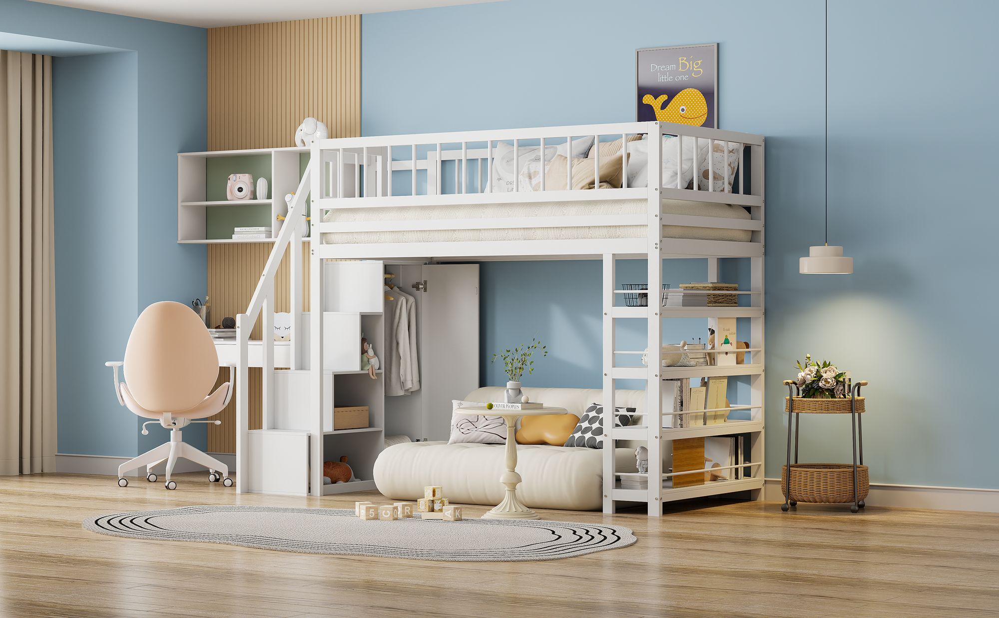 okwish Hochbett 90×200 mit Kleiderschrank, Kinderbett mit Regalen und Sicherheitsgeländer, Einzelbett mit Stauraumleiter,Weiß, ohne Matratze