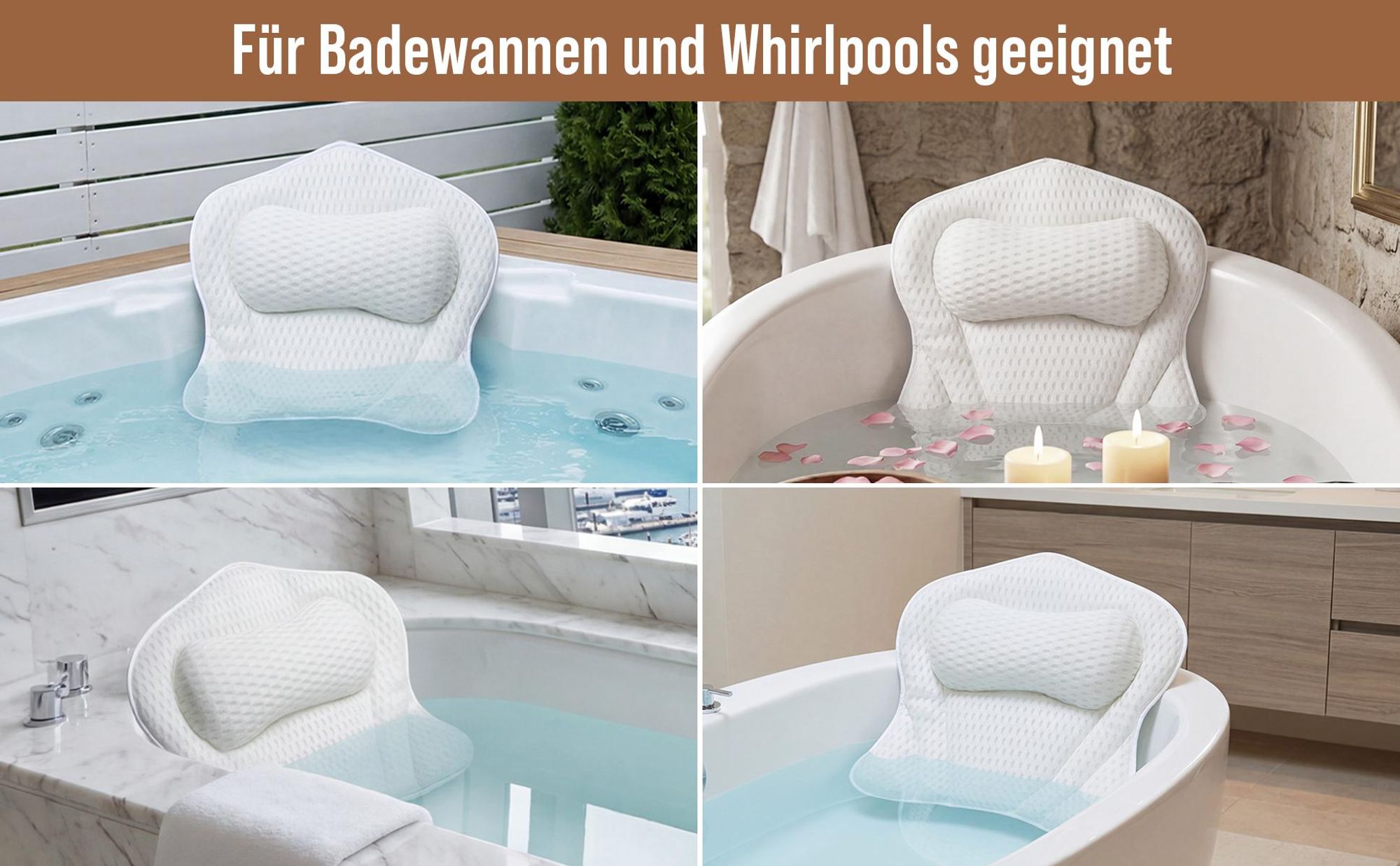 Penelife Badewannenkissen mit 6 Saugnäpfen - Ergonomisches Badekissen mit 4D Luftmaschen Technologie - Nackenkissen für eine optimale Entspannung - Badewannen Kissen weiß