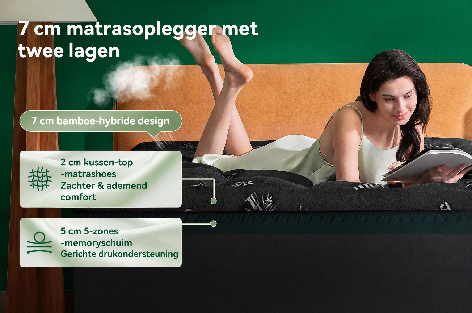 NicePlus 2-in-1 Topper, 120x200x7 cm, traagschuim met 5 zones + bamboe tijk, met hoekelastieken geschikt voor alle matrassen, H2/H3, zwart