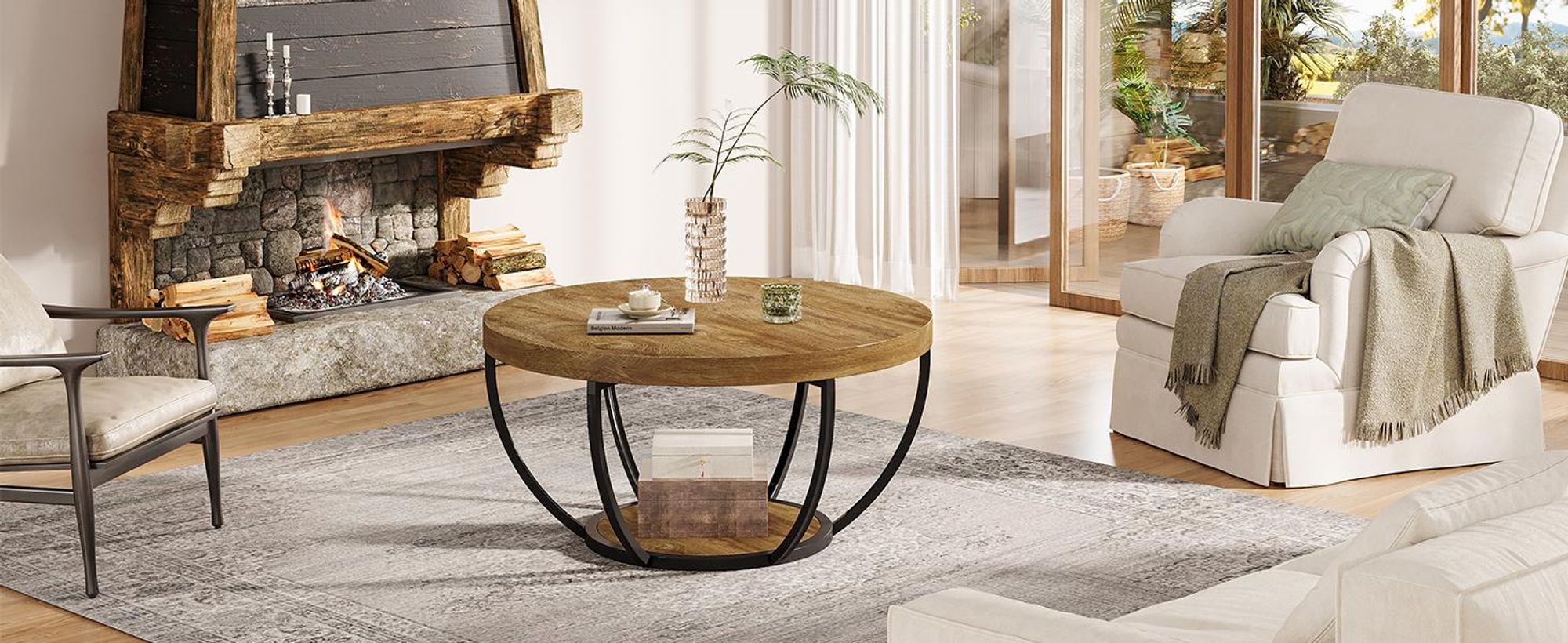 Tribesigns Runde Couchtisch, Industrial 2-Tier-Kreis Couchtisch mit Lagerung Regale, Moderne hölzerne Akzent Mitte Tisch Sofa Beistelltisch