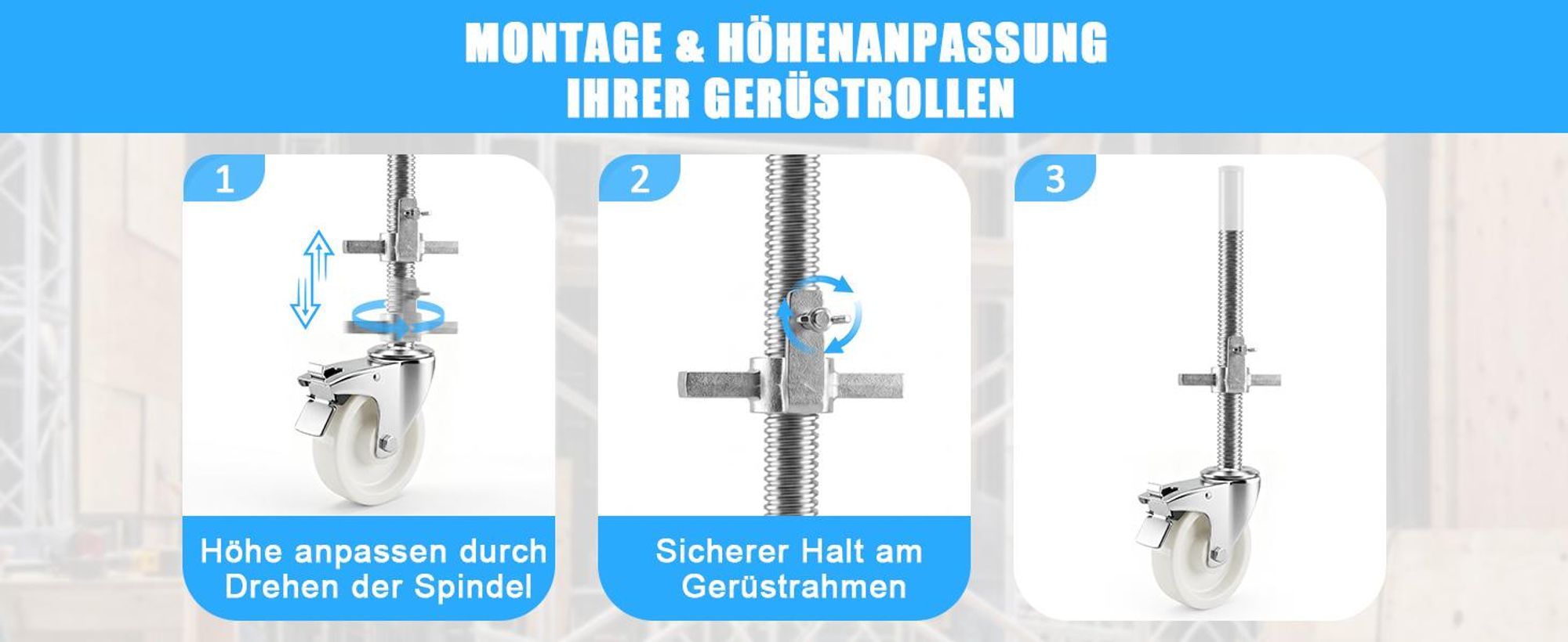 4 Stück 150 mm Gerüstrollen Lenkrolle mit Bremse| Spindel Ø 38 mm| 1000 kg Tragfähigkeit| 370 mm Höhenverstellbar| Gerüsträder für Gerüst Rollgerüst