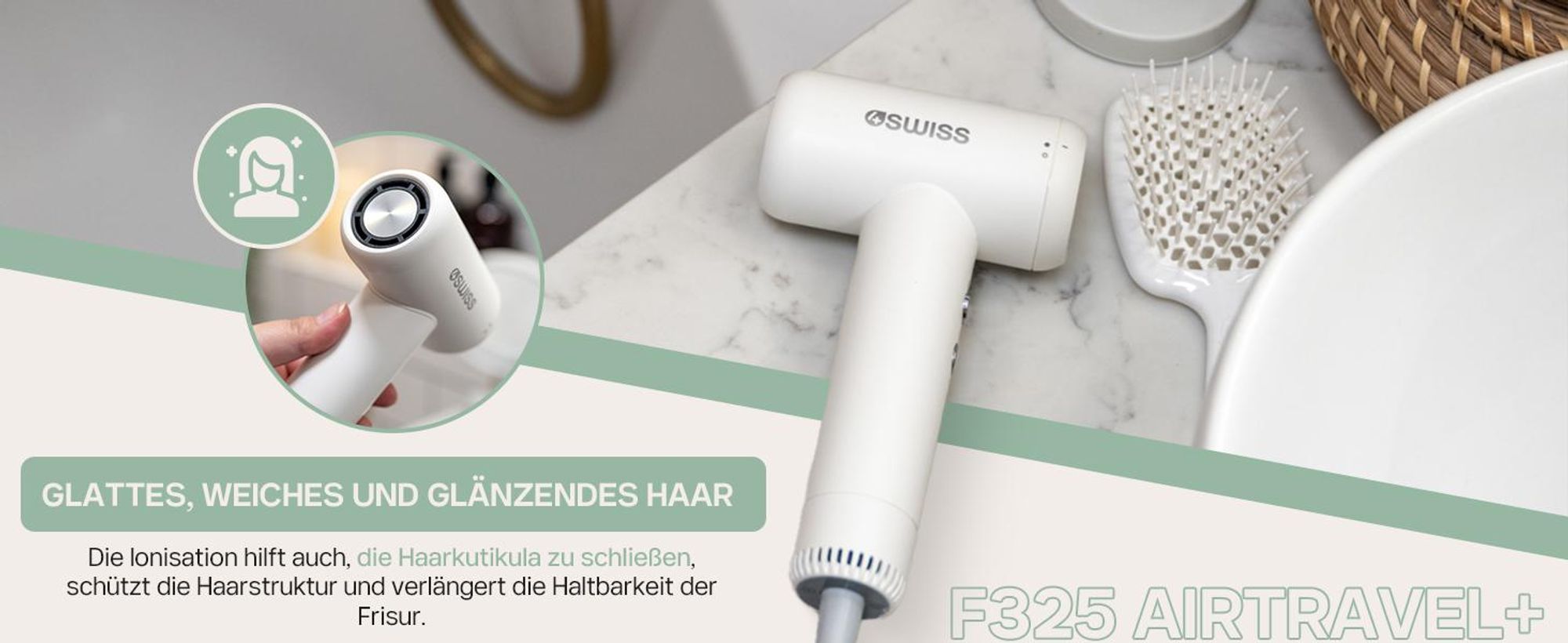 4Swiss F325 AirTravel + Reise-Haartrockner - Ionen Reiseföhn 1200 W Kompakt Haarföhn Föhn Kaltstufe Leicht Styling Weiß